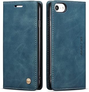 QLTYPRI Case for iPhone SE 2022 5G/iPhone SE 2020/iPhone 8/iPhone 7, Vintage PU Leather Wallet Case Card Slot Kickstand Magnetic Closure Shockproof Flip Folio Cover for iPhone 7/8/SE2/SE3-Blue