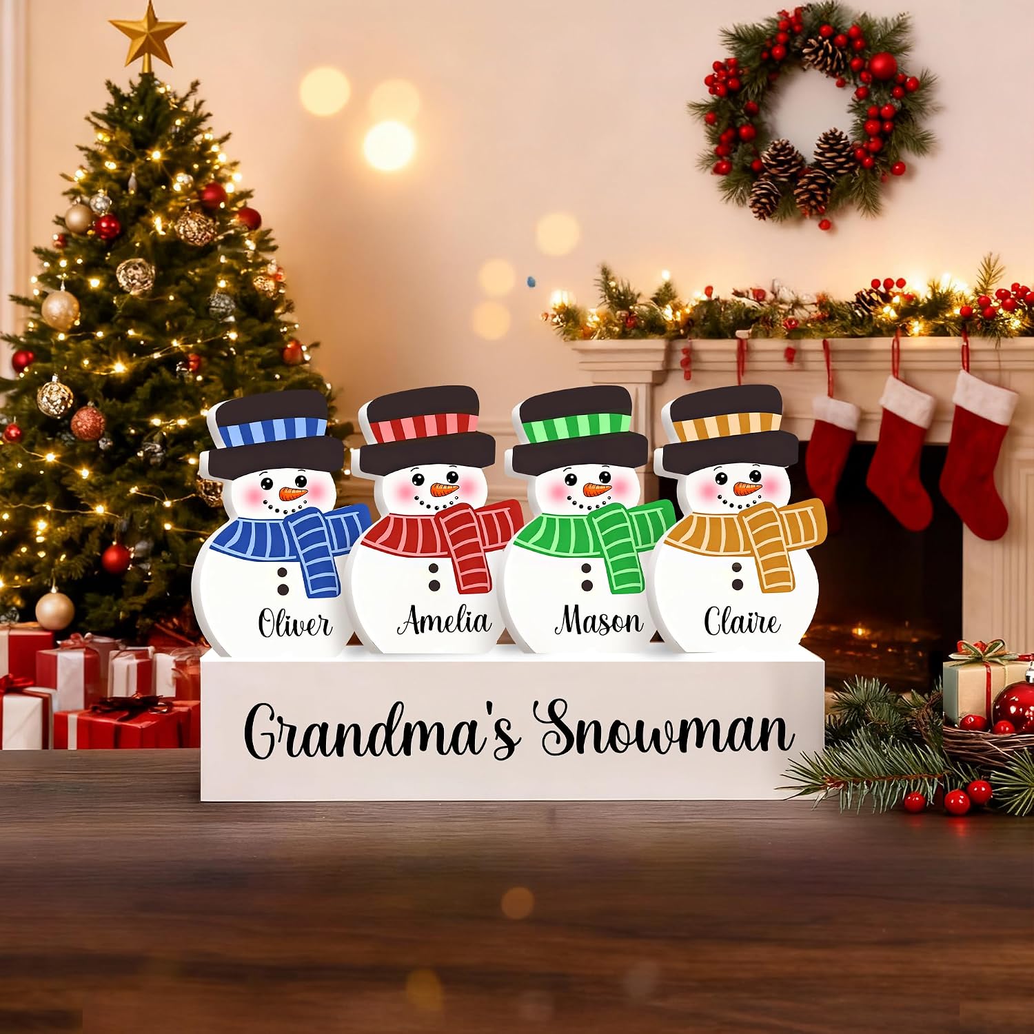 BYFDIY Personalized Christmas Decorations For Tables Custom 1-10 Snowman Name Block With Wooden Base Xmas Decorative Sign Decor Desk Indoor Home Family Gifts 9 Colors image 2