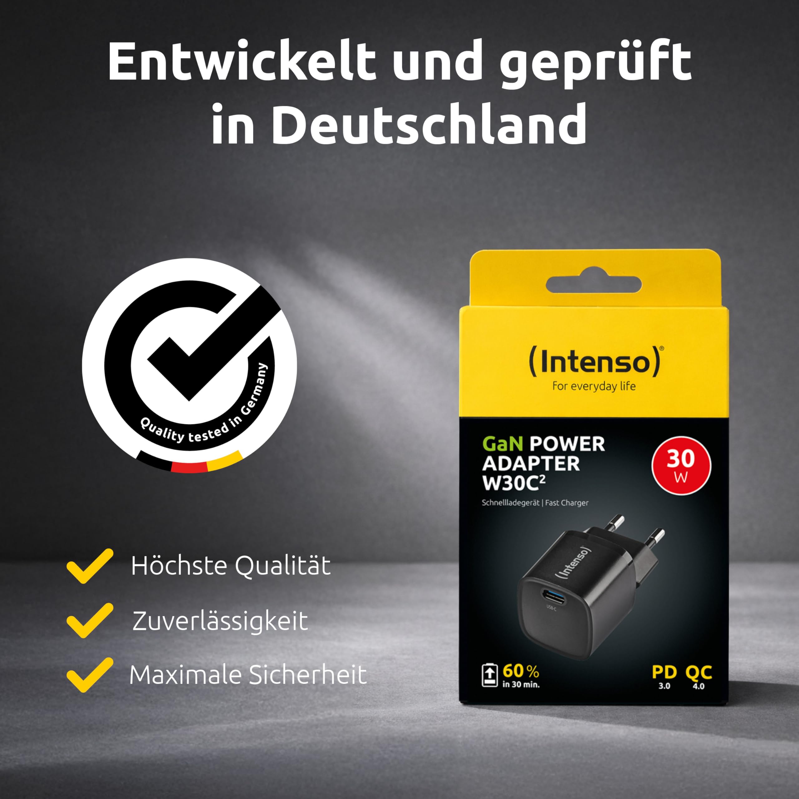 Intenso Adapter zasilania W30C² GaN, USB-C zasilacz sieciowy o mocy 30 W i technologii GaN, czarny