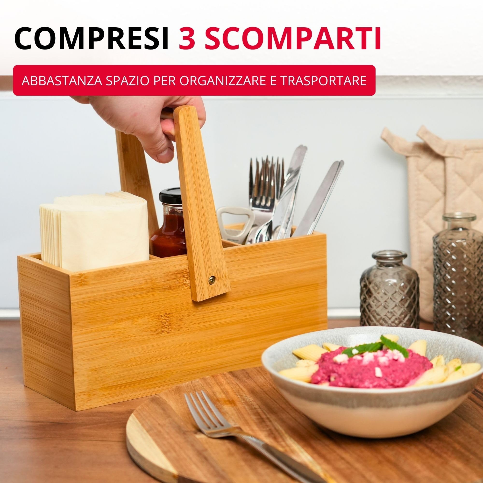 Westmark Cestino portaoggetti da cucina, 3 scomparti, Con maniglia, Dimensioni: 26,5 x 27,8 x 10 cm, Bambù, Tapas + Friends, Marrone chiaro, 69822270