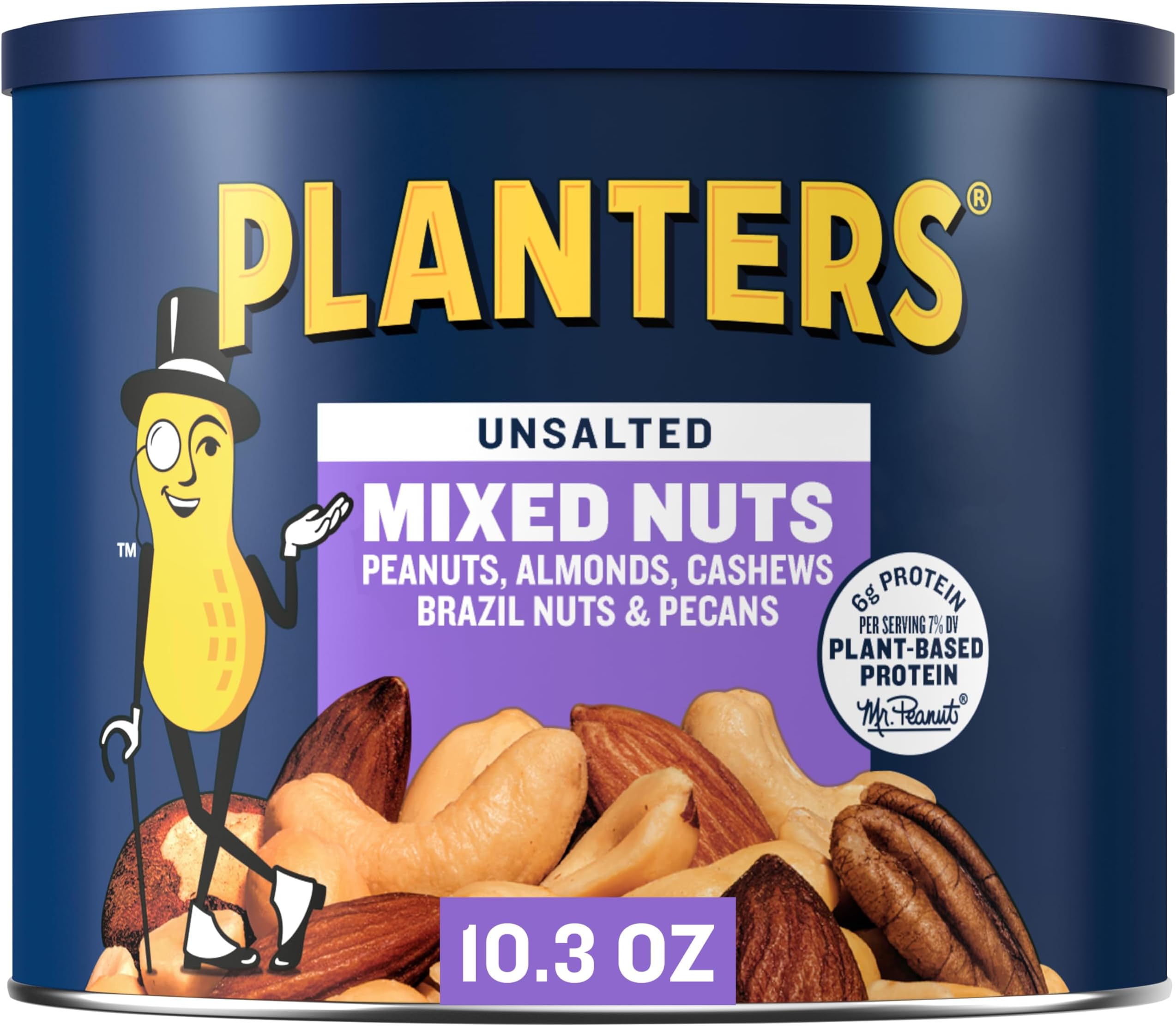 Mixed Nuts Unsalted, Party Snacks, Plant-Based Protein, 10.3 oz Canister
