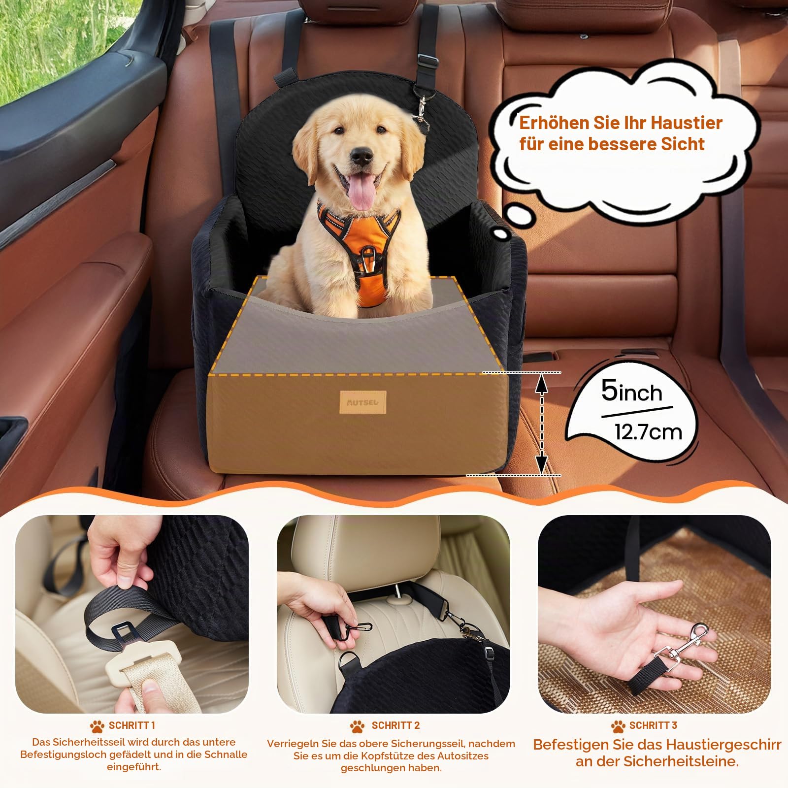 Hunde Autositz für kleine & mittlere Hunde, Wasserfest Hundesitz Auto | waschbarer Autositz Hund mit Sicherheitsgurt & Taschen, rutschfest, erhöhtes Hundebett für Rückbank & Beifahrersitz