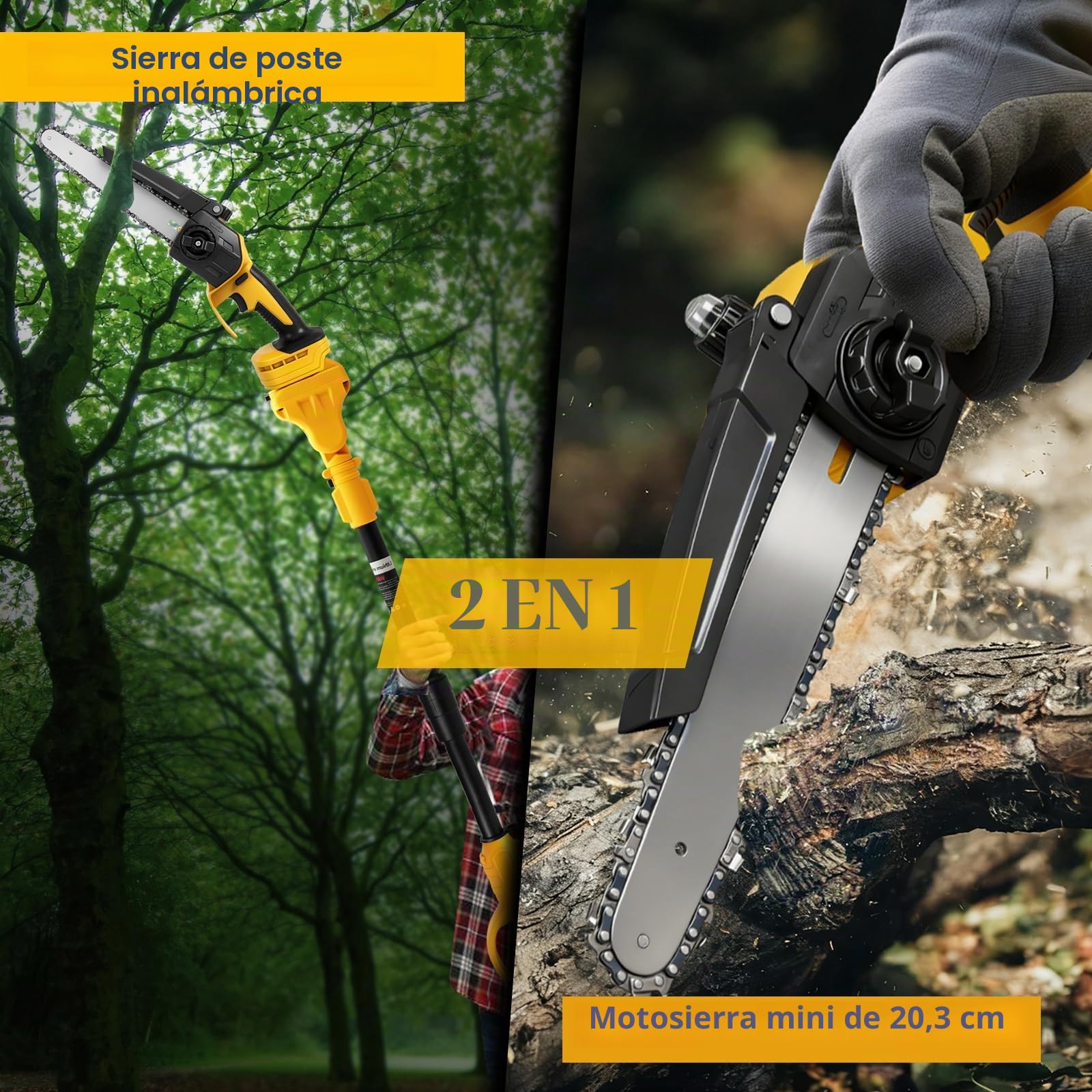 Roadtime Motosierra telescópica 8 "mettensäge para DeWalt 20V(sin batería) | 2 en 1 y sierra de podar sin escobillas con 2 cadenas de repuesto, para ramas de árboles