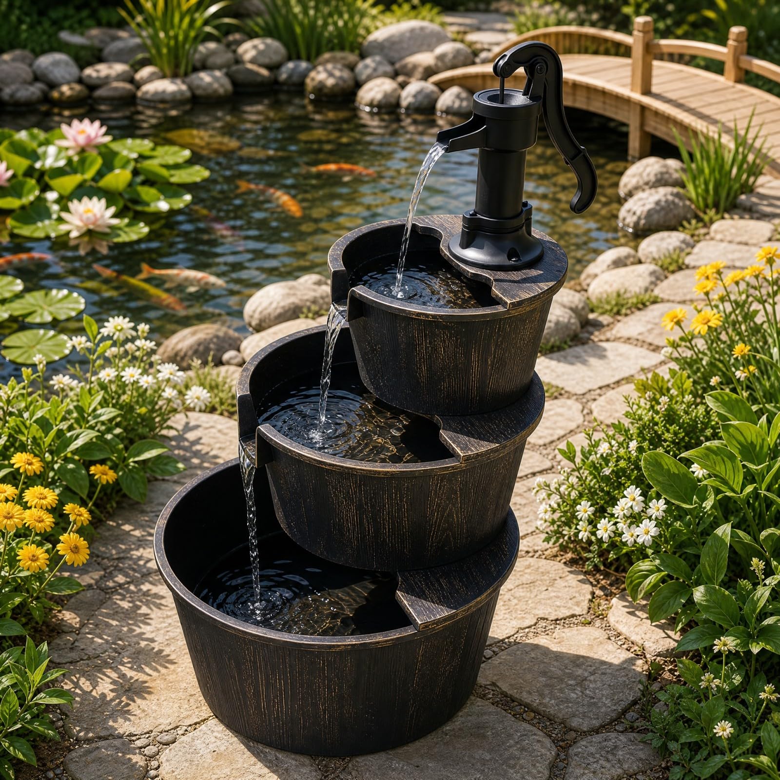 HOMASIS Fontana Decorativa da Giardino a 3 Livelli con Pompa Silenziosa | Fontanella a Cascata da Esterno in Stile Rustico con Velocità Regolabile per Balcone e Terrazza, Bronzo Antico, 52x60x92,5 cm