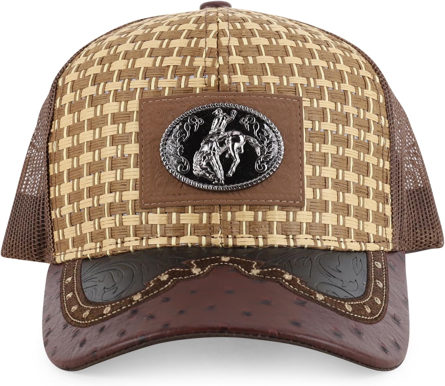 Straw Design Metallic Rodeo Cowboy Horse Metal Logo Trucker Mesh Baseball Cap - Image 2