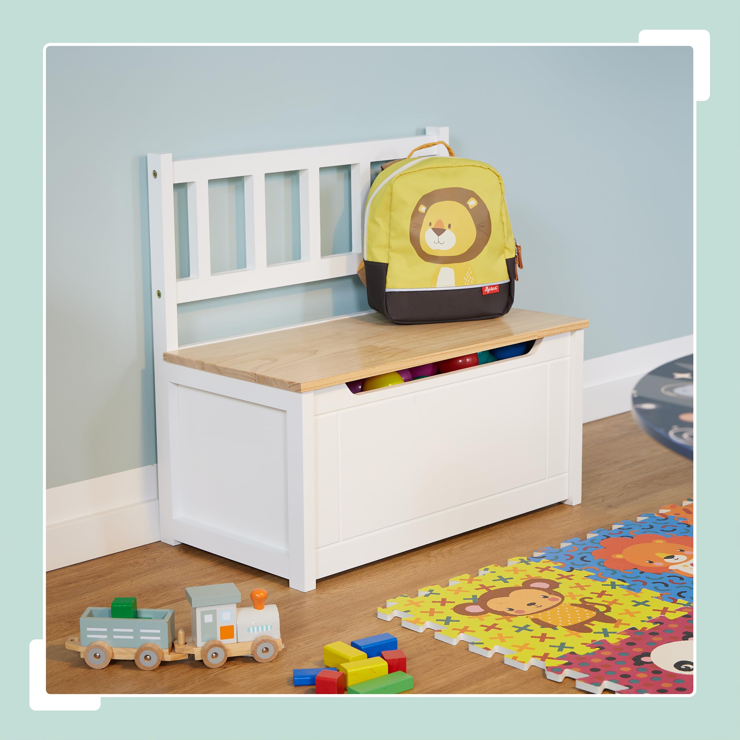 Relaxdays Panca Contenitore per Bambini, Cassapanca Portagiochi da Cameretta, HLP: 55x57x31 cm, in Legno, Bianco Marrone
