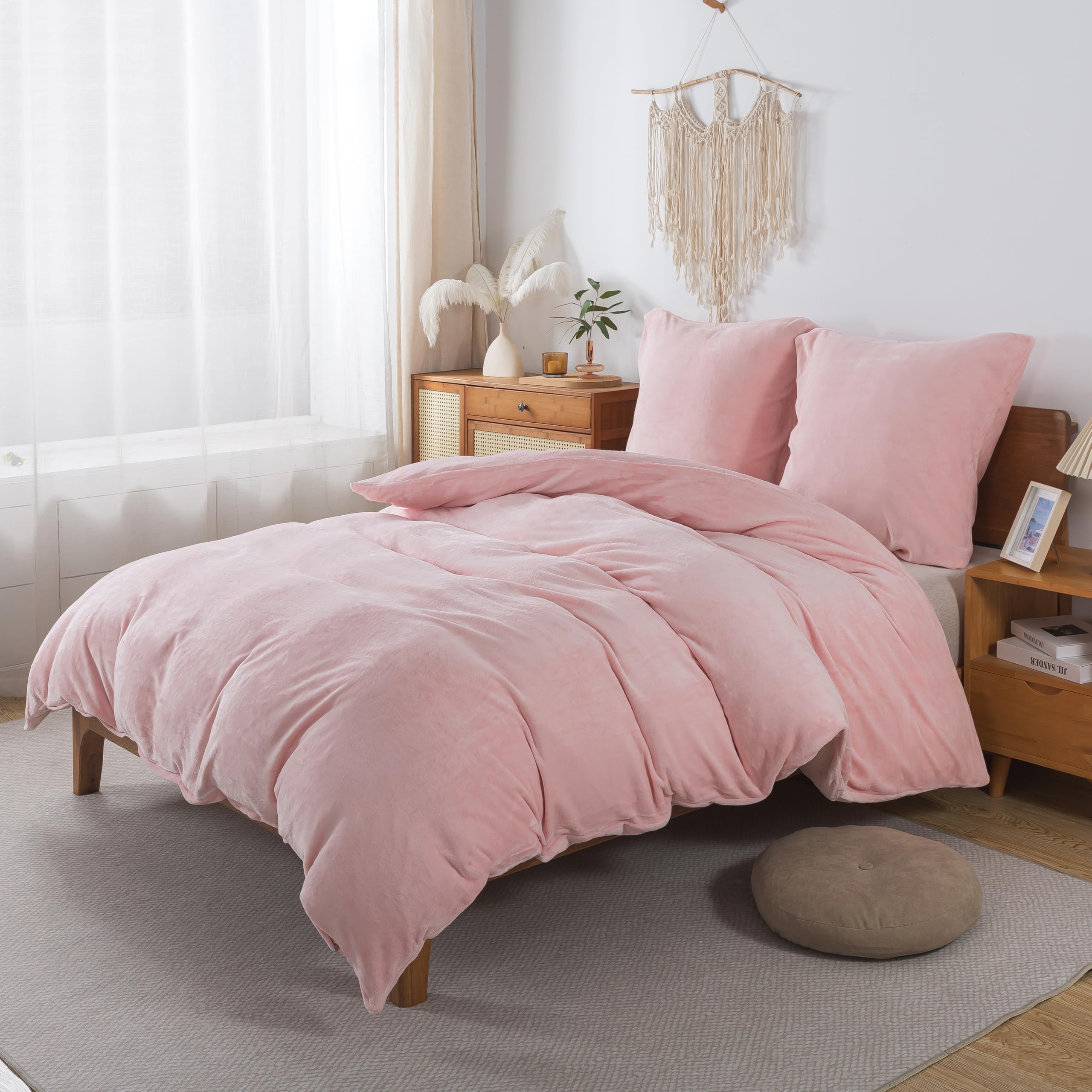 Juego de ropa de cama esponjosa de 200 x 200 cm, color rosa – Edredón de otoño invierno con 2 fundas de almohada de 80 x 80 cm, juego de ropa de cama de castor cálido, suave y acogedor
