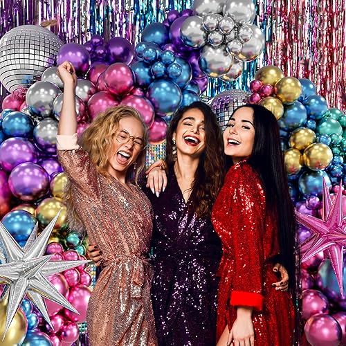 Miniatura 4 de FOTIOMRG Kit de arco de globos de discoteca de 135 piezas con globos de bola de discoteca, globos metálicos plateados, azul, verde, morado, rosa