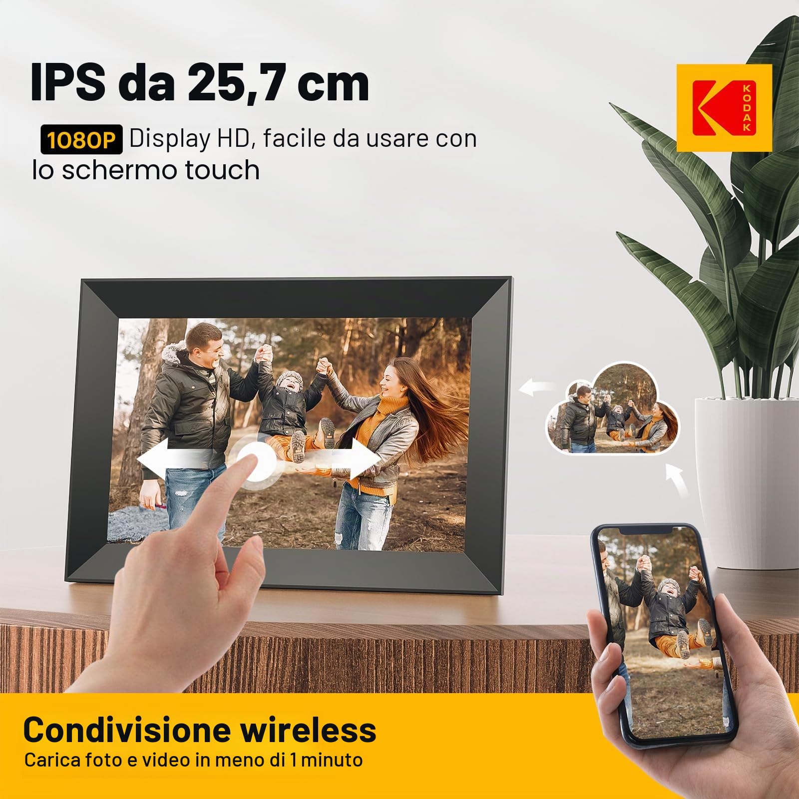 KODAK Cornice digitale WIFI 10.1 Pollici, IPS Touch Screen, condividi foto e video tramite e-mail e APP, portafoto digitale con Auto-rotazione, Calendario, Sveglia, tempo metereologico