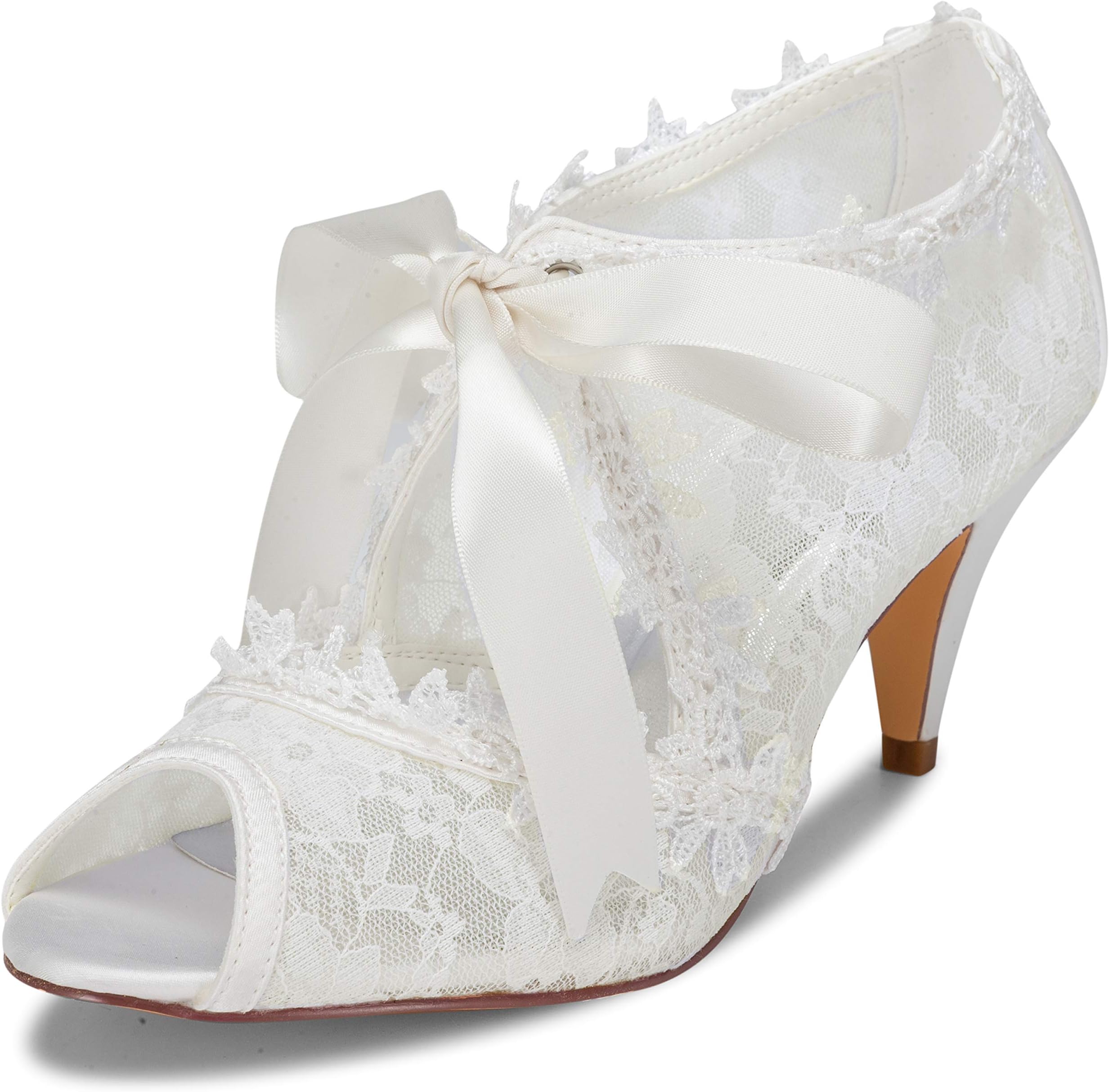 Women's Bridal Shoes 5949419 Peep Toe 2.6" Cone Heel Lace Satin Pumps Ribbon Tie Wedding Shoes