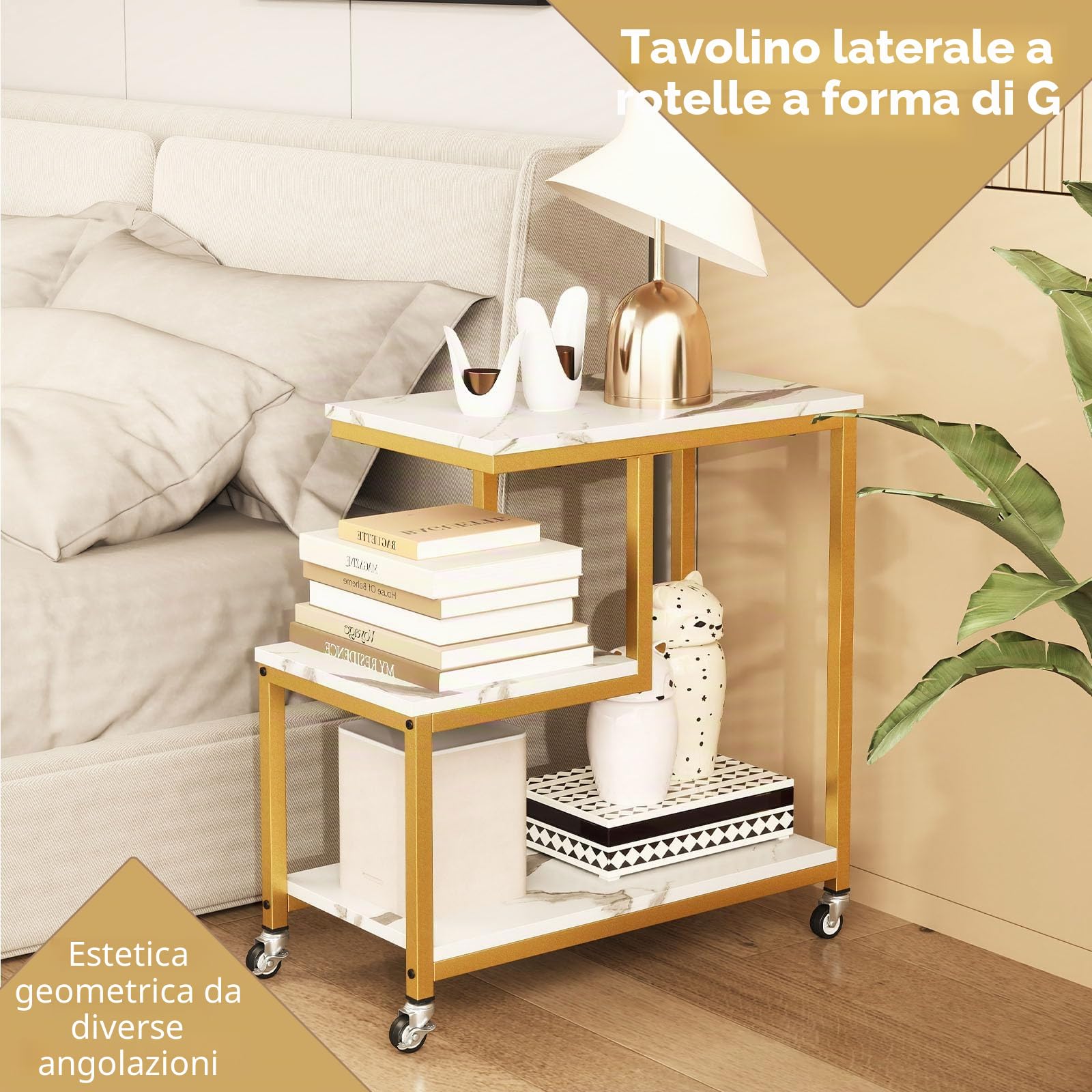 LIFEZEAL Tavolino da Salotto con 4 Ruote, con Effetto di Marmo, Tavolino da Caffè, Tavolino Lato Divano Decorativo, Salvaspazio, Moderno, a 3 Ripiani, Telaio in Acciaio, Max 50 kg, 60x30x59 cm, Oro