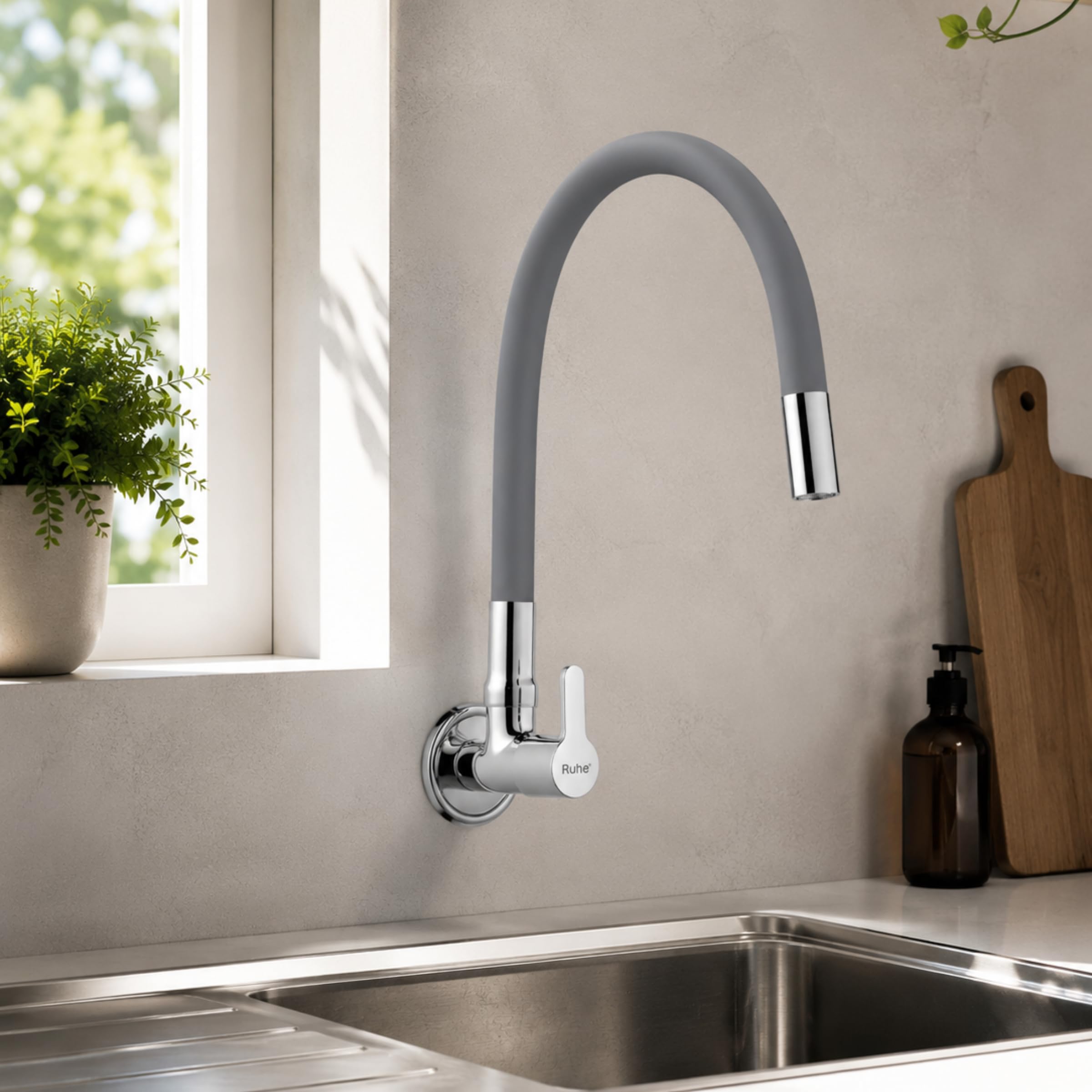 Ruhe® Pavo 20Inch Sink Cock Faucet/Tap | Flexible Silicon Spout (Foam Flow Function) | Wall Mount and 360° rotatable | Super-Functional Water tap for Kitchen Sinks & Bathrooms | Grey Color-image-42
