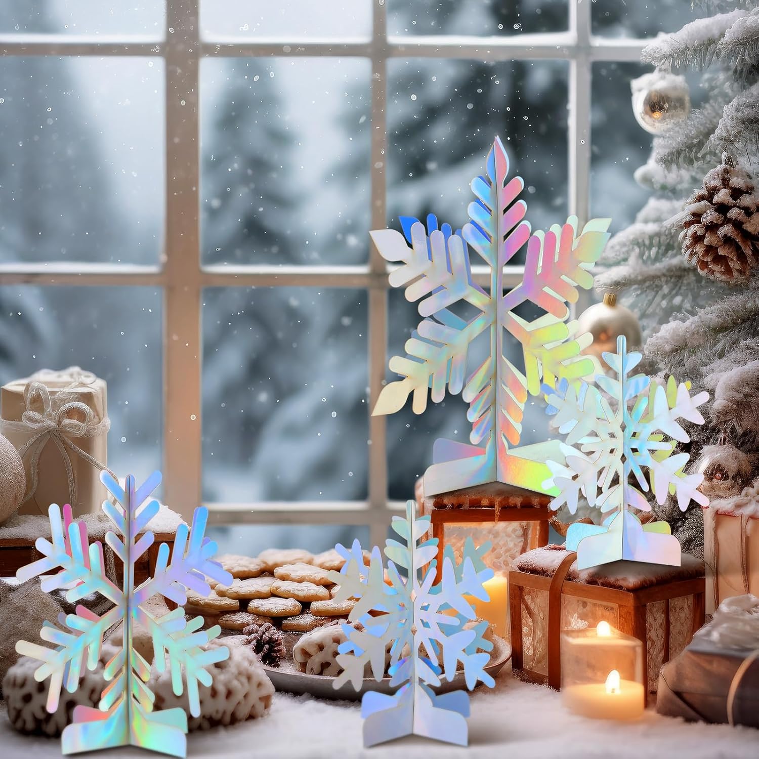Amyhill 6 Packs Winter Them Wonderland Decor Christmas Snowflake Centerpieces 3D Prismatic Iridescent Snowflake Table Centerpieces Winter Them Wonderland Signs for Christmas Holiday Party Decor - Image 5
