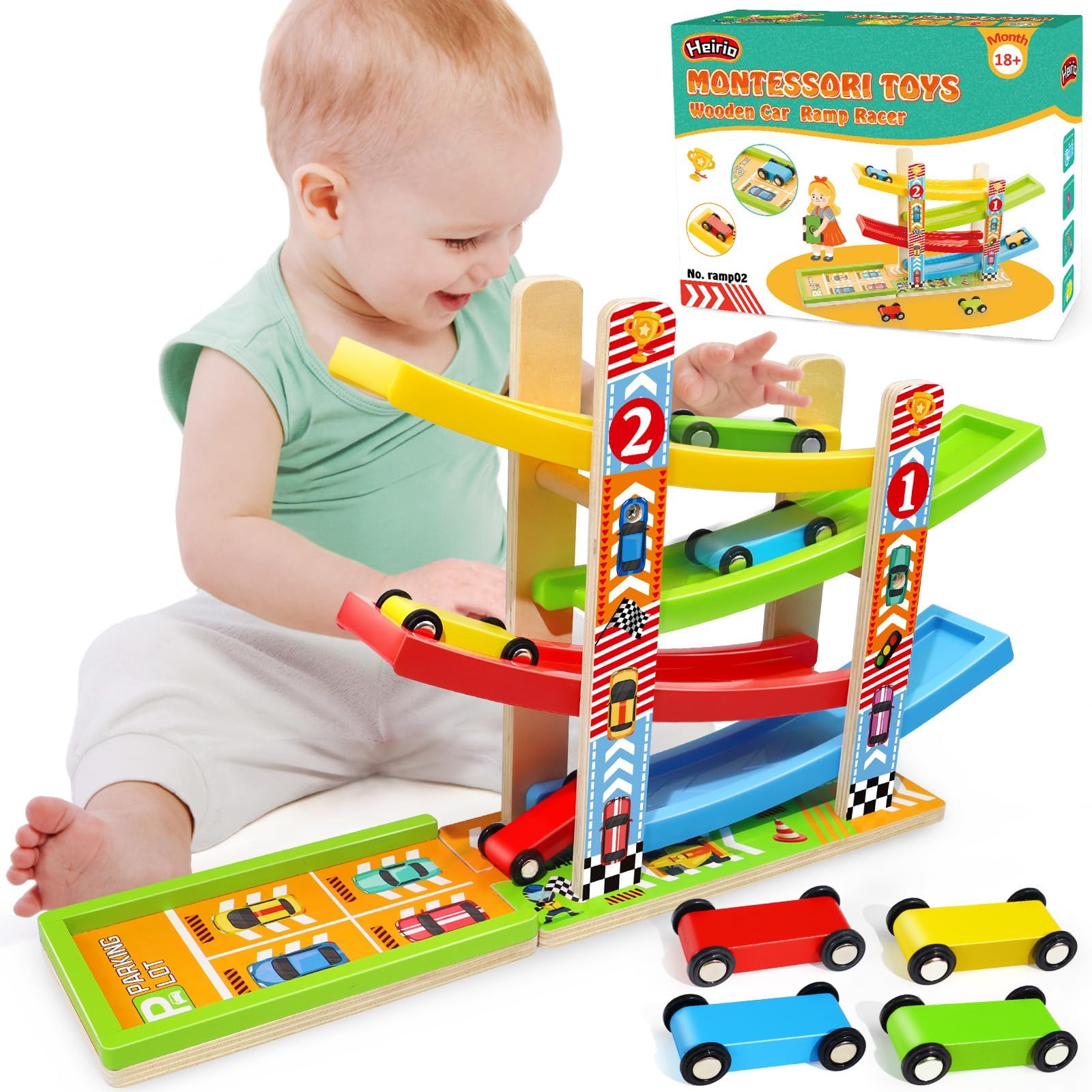 Montessori Toys for Toddlers include 1 Wooden Parking Lot, Stable Base,4 Cars.Preschool Educational Toys for 2-3 Year Old Boys Girls