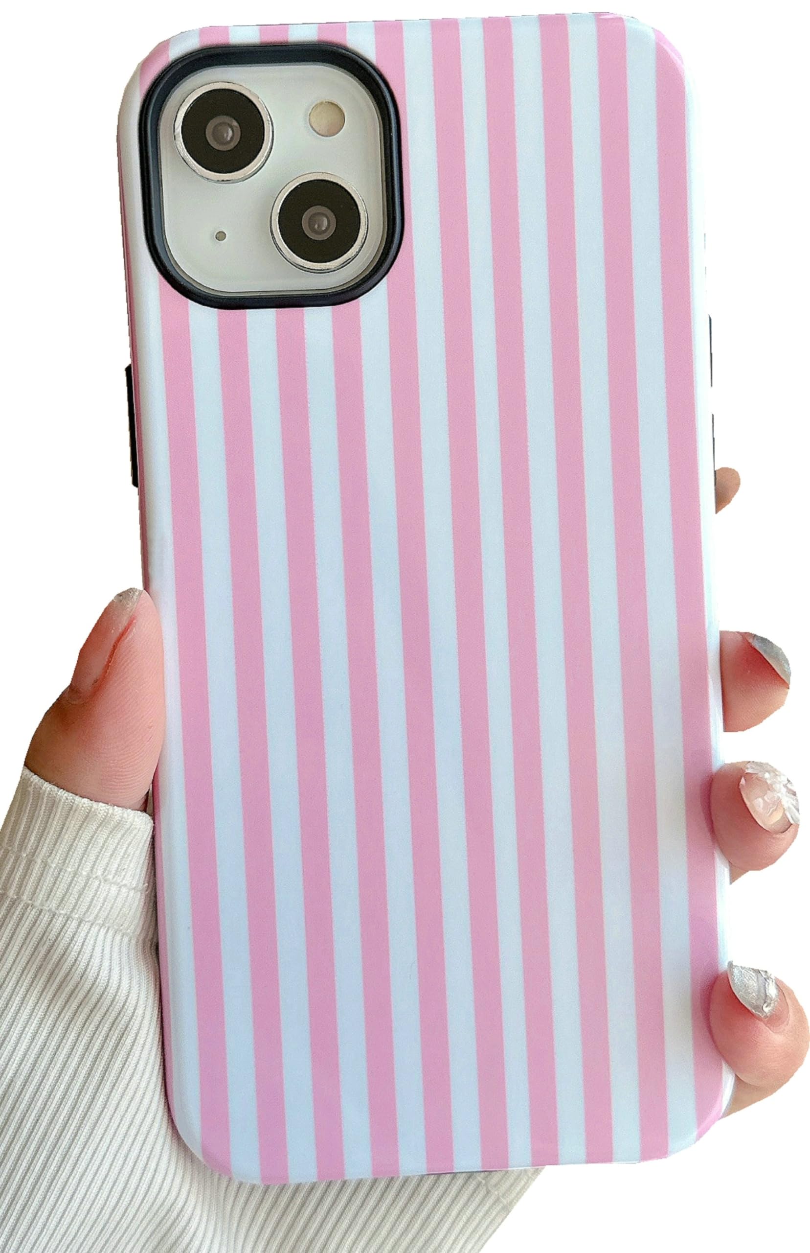 ZQHQDVL for iPhone 15 Case, Cute Fashion Aesthetic Striped Two Layer Design Glossy Phone Case for Women Girls Slim Shockproof Protective Cover,Pink
