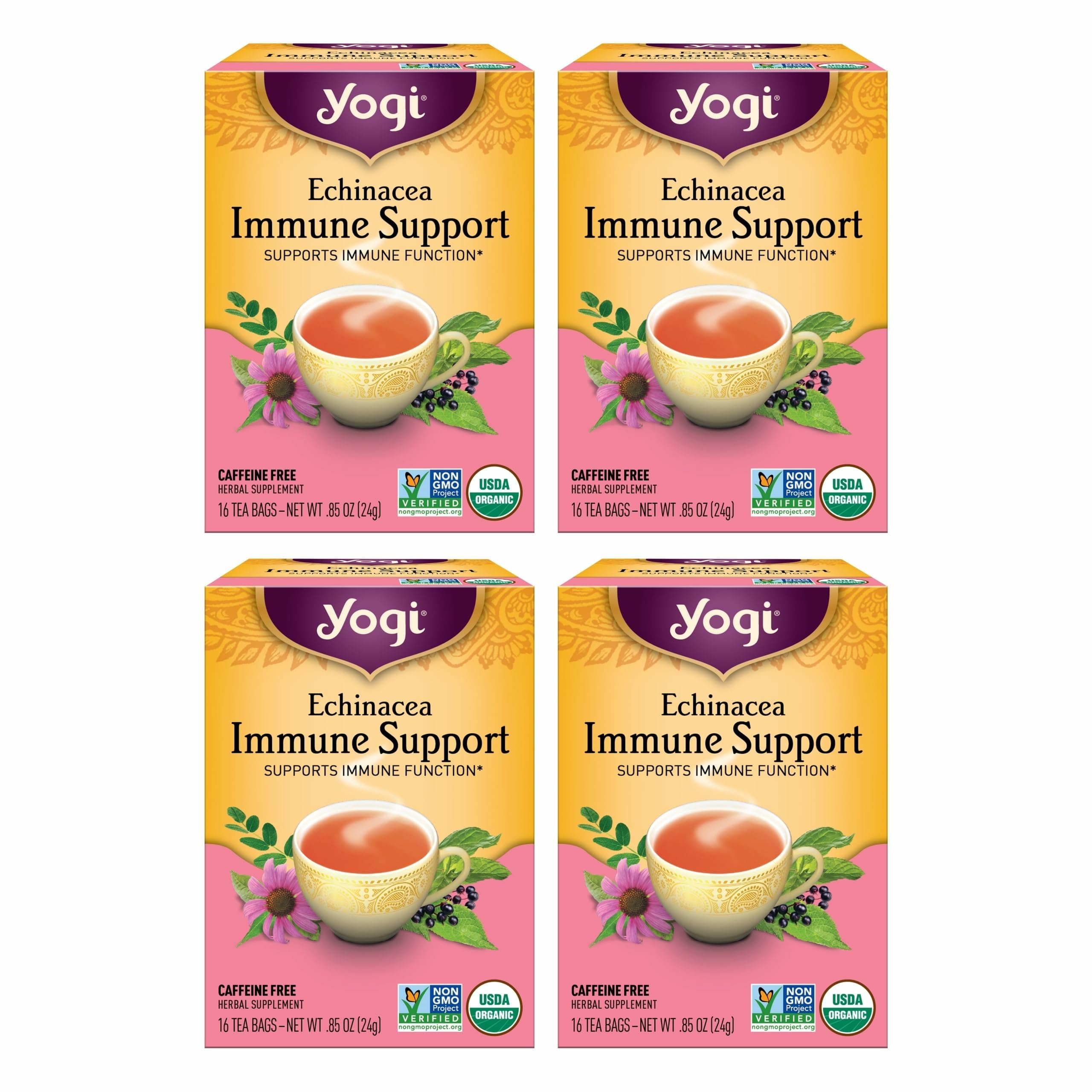 Yogi Tea Echinacea Immune Support Tea - 16 Tea Bags per Pack (4 Packs) - Organic Immunity Support Tea - Includes Peppermint Leaf, Lemongrass, Cinnamon Bark, Echinacea Purpurea, Licorice Root & More