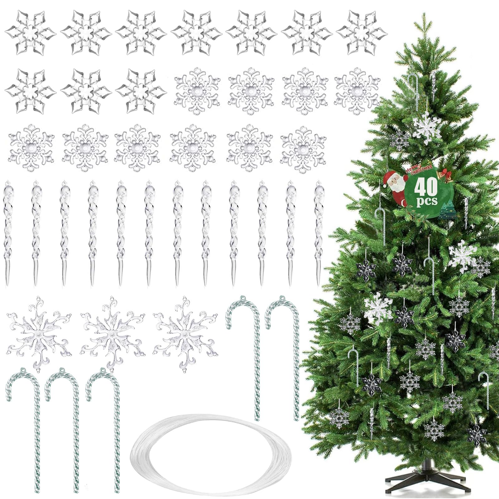 40 Piezas Adornos Navidad de Carámbano Copo de Nieve, Adornos de Copos de Nieve de Cristal Acrílico Transparente Colgante de Árbol de Navidad, Decoración Colgante Colgante De Copo De Nieve