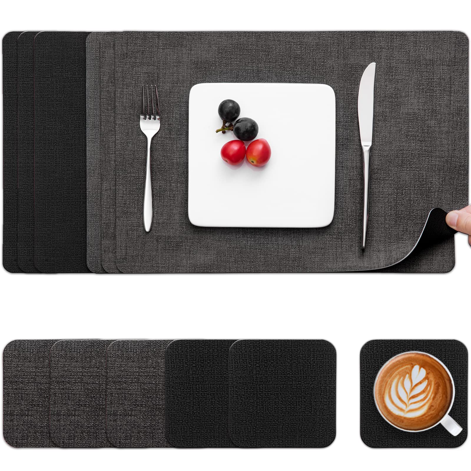 Myir Jun Grey Black Placemats And Coasters Set Of 6 Dual Sided Faux Leather Table Mats
