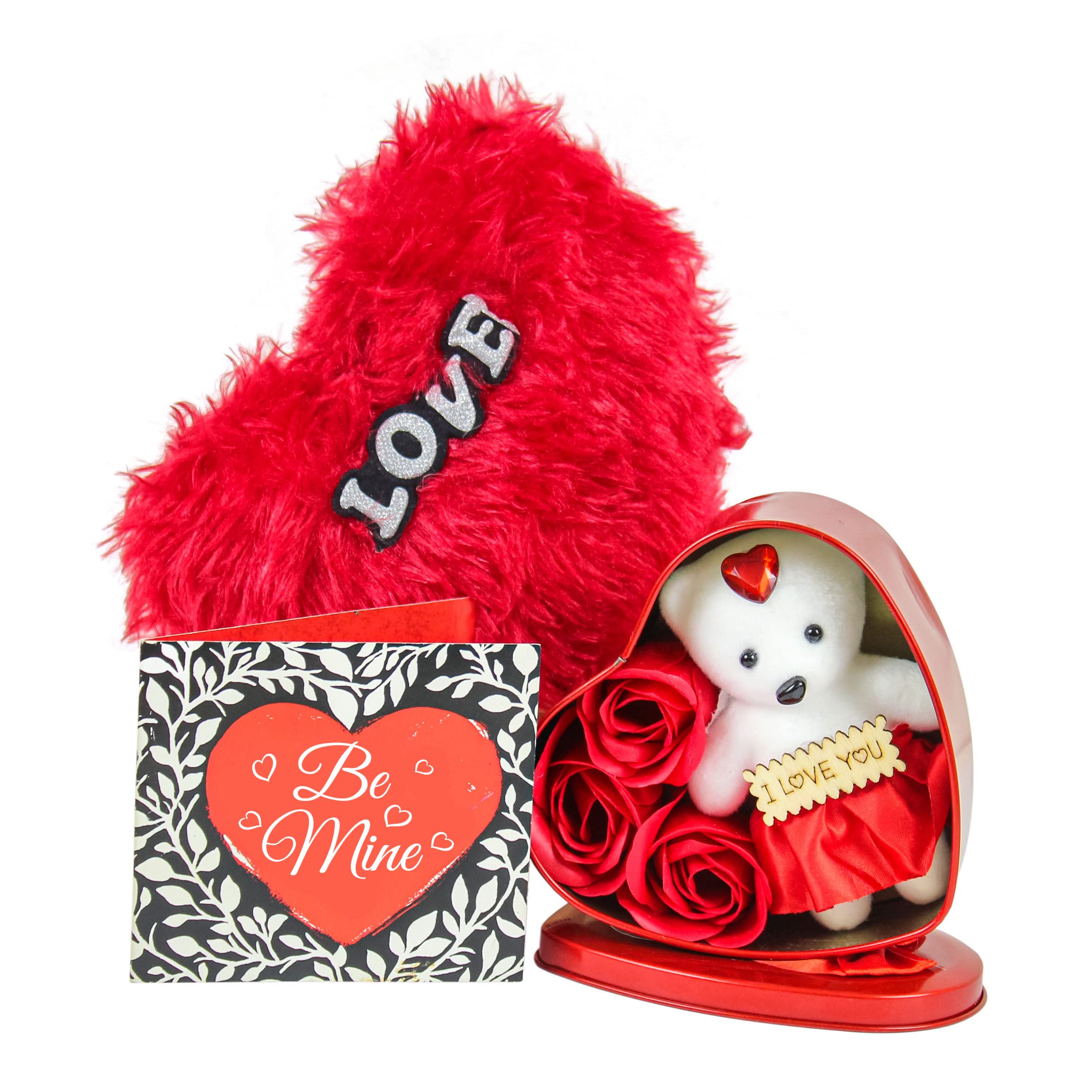 TIED RIBBONS Valentine Gift for Girlfriend Boyfriend Girls Boys Husband Wife Him Her - Special Heart Shape Teddy Gift Box with Heart Cushion Card Combo 1