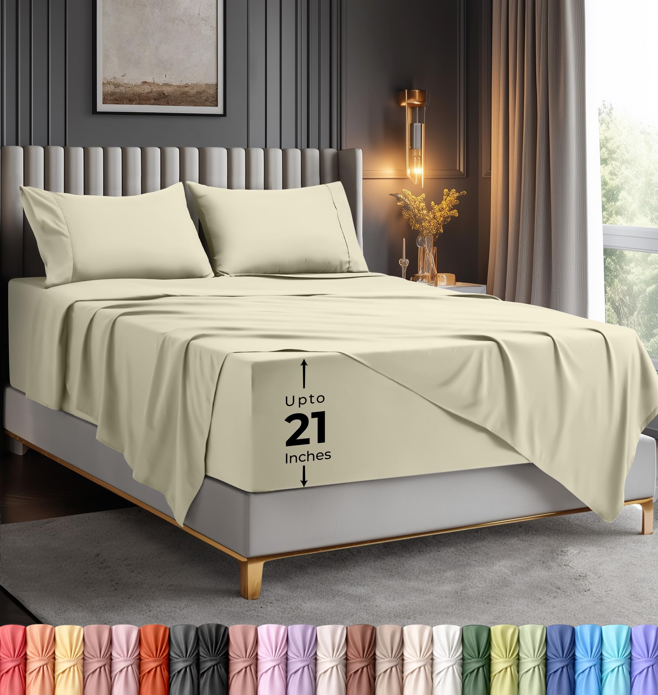 Product photo of bedding king size extra deep pocket sheet set – fits mattresses up to 21 inches – cooling, soft & breathable – oeko-tex 4 piece bed sheets (ivory) in New/Like New condition