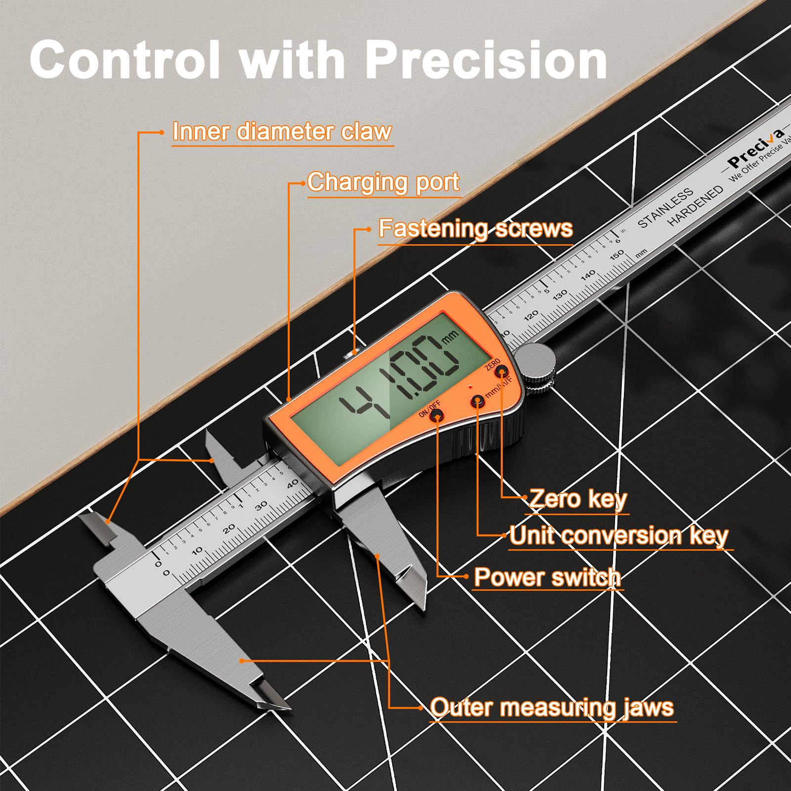 Preciva Calibrador digital recargable, micrómetro de acero inoxidable de pantalla grande con protección IP54