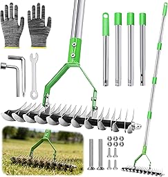 TZEKING 163cm Rastrello Sarchiatore con Manico Rimovibile,Cultivatore a Mano da Giardino a Manico Lungo Regolabile,Rastrello per Prato,Aeratore Doppio per Pulire l'Erba Morta