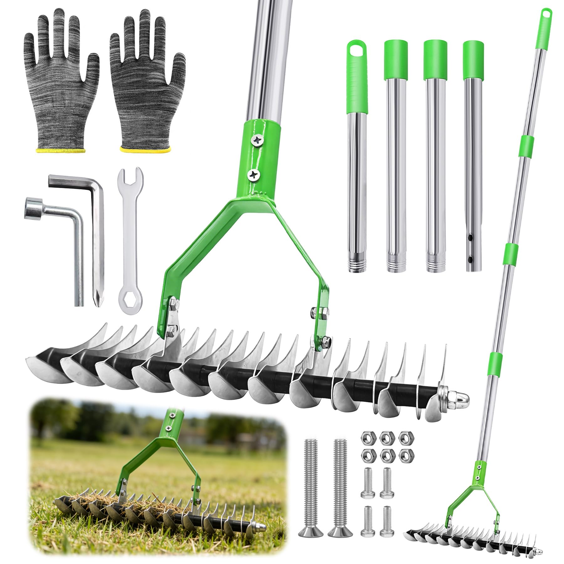 TZEKING 163cm Rastrello Sarchiatore con Manico Rimovibile,Cultivatore a Mano da Giardino a Manico Lungo Regolabile,Rastrello per Prato,Aeratore Doppio per Pulire l'Erba Morta - 1