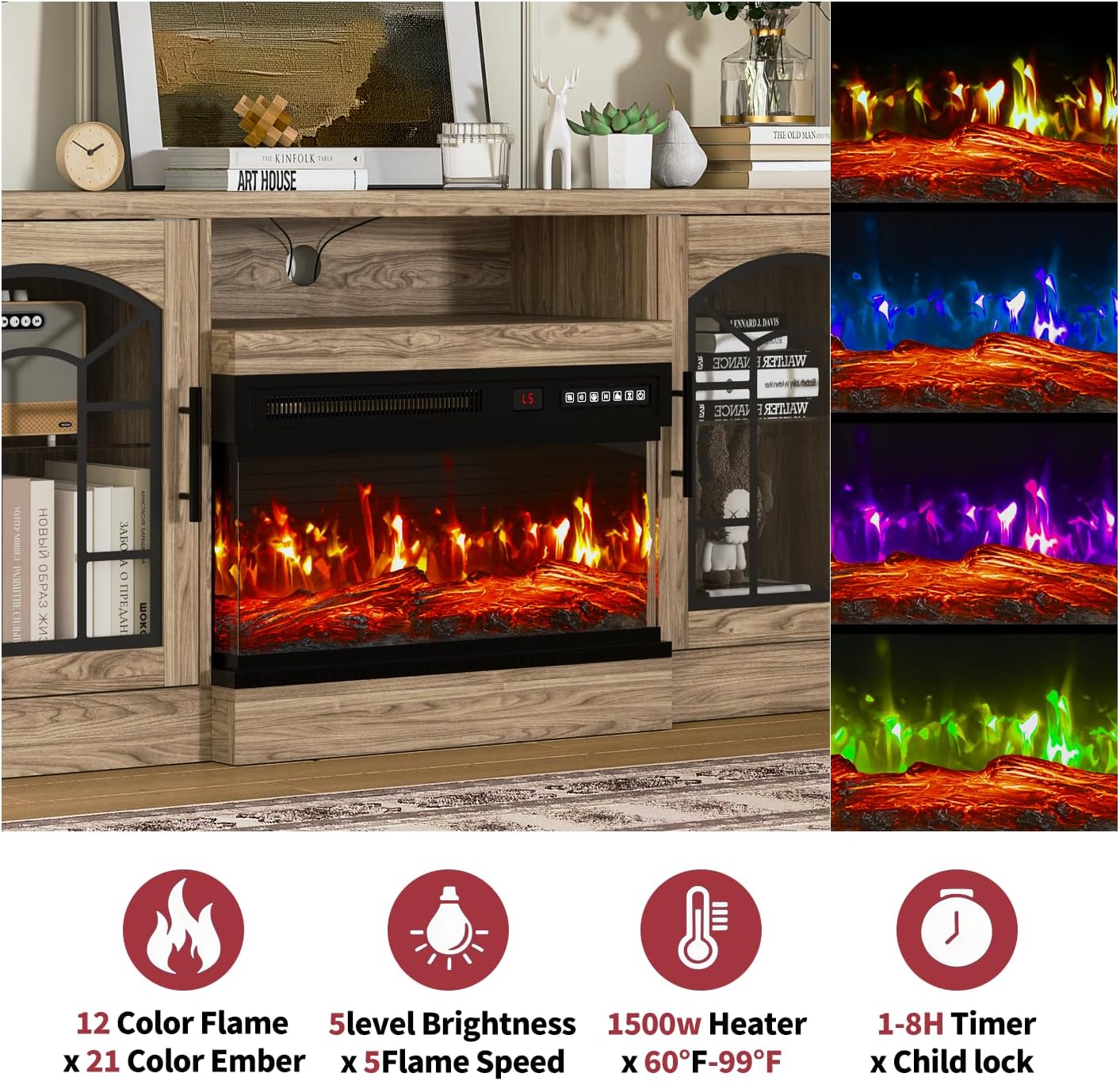 VITESSE 60'' Fireplace TV Stand,3 Sided Glass Media Entertainment Center Console Table for TVs up to 70'' with Storage Drawers & Cabinets with LED Flame and Lights for Living Room,Gray
