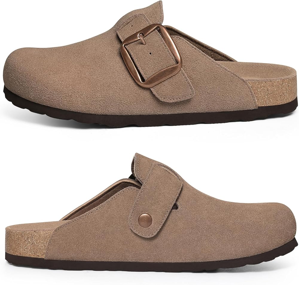 KIDMI Genuine Suede Clogs for Women Memory Foam Cork Footbed Potato Shoes Slip On Leather Mules with Big Buckle