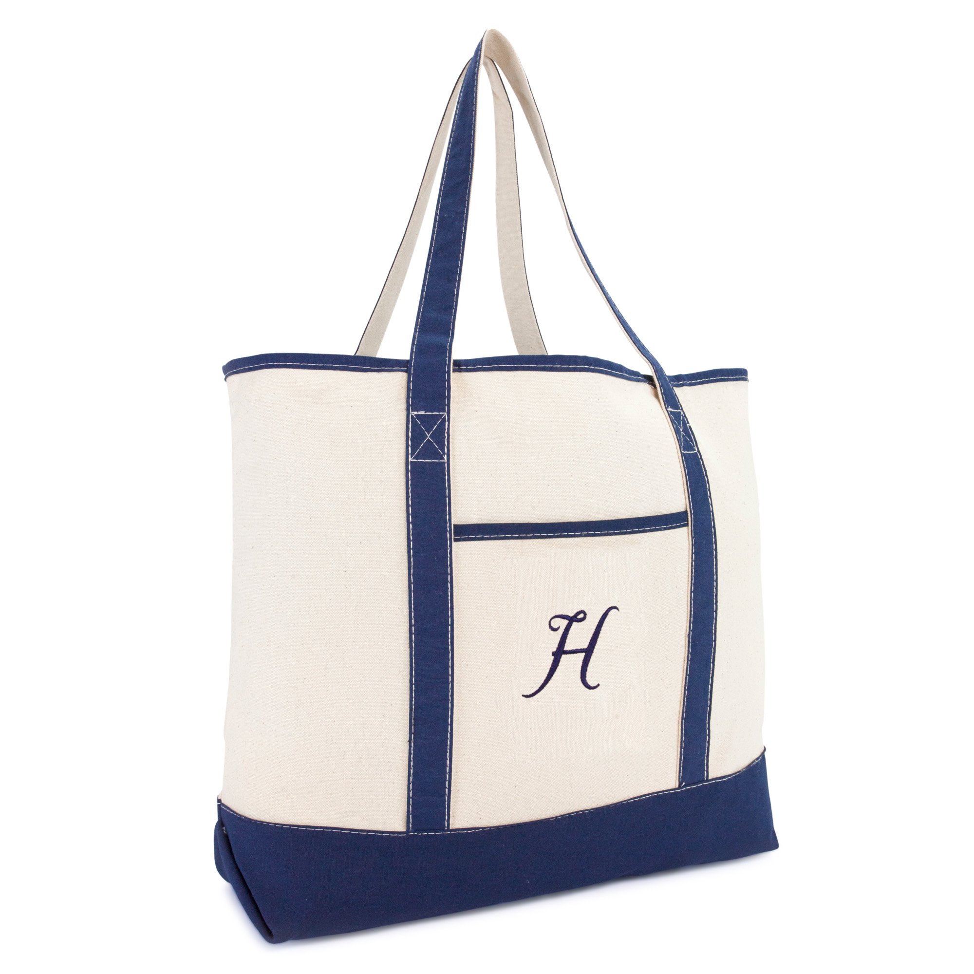 DALIX Personalized Tote Bag For Women Monogram Initial Open Top Navy Blue A-Z