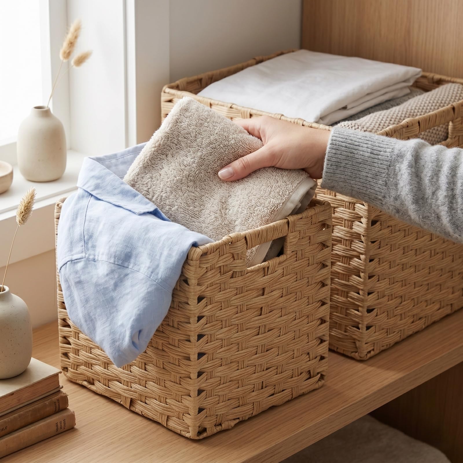 Scatola portaoggetti, 31 x 31 x 31 cm, in finta rattan Kallax, per giocattoli, vestiti, cameretta dei bambini, impermeabile, non ammuffito (4 pezzi, beige chiaro)