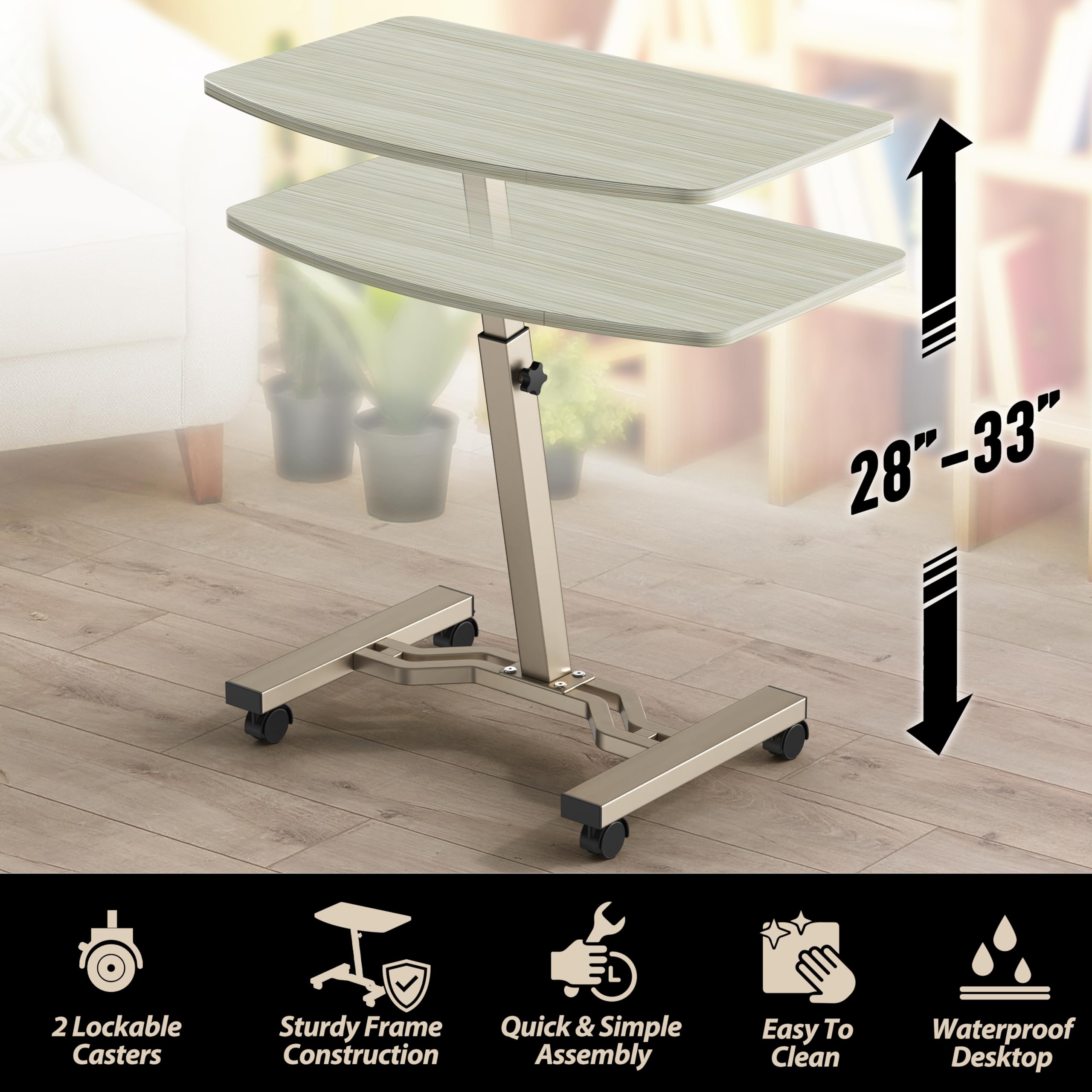 SHW Mobile Height Adjustable Laptop Rolling Cart with Height Adjustment from 28 to 33 Maple — view 3