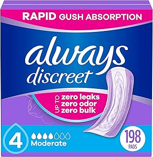 Always Discreet Adult Incontinence Pads for Women, Moderate Absorbency, Regular Length, Postpartum Pads, 198 Count (3 Packs of 66)