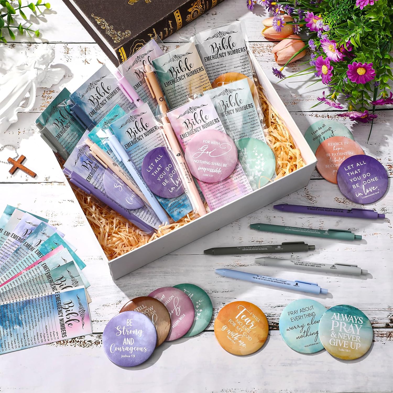 Feifeiya 50 Sets Easter Christian Gifts Bulk Bible Verses Ballpoint Pens Religious Emergency Bookmarks Compact Mirrors Womens History Month Gifts for Church Coworker Pastor Bible Study Group