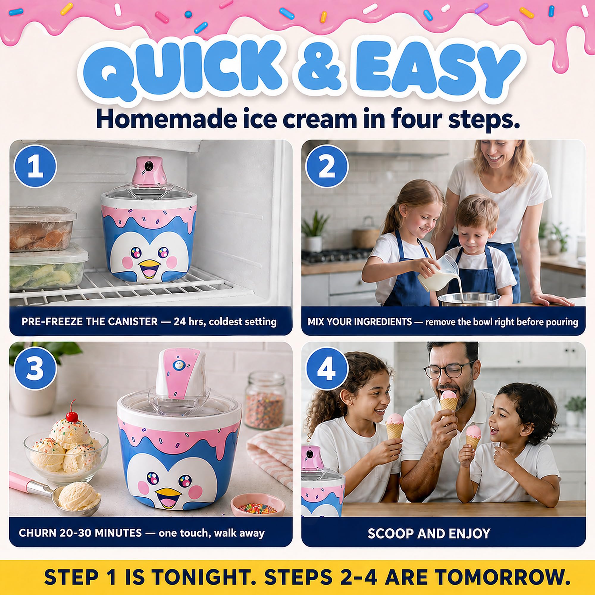 Máquina para hacer helados para niños, 1.2 cuartos de galón, máquinas eléctricas de helado de pingüino, la mejor máquina de encimera para helado casero, servicio suave, sorbete, gelatina, yogur