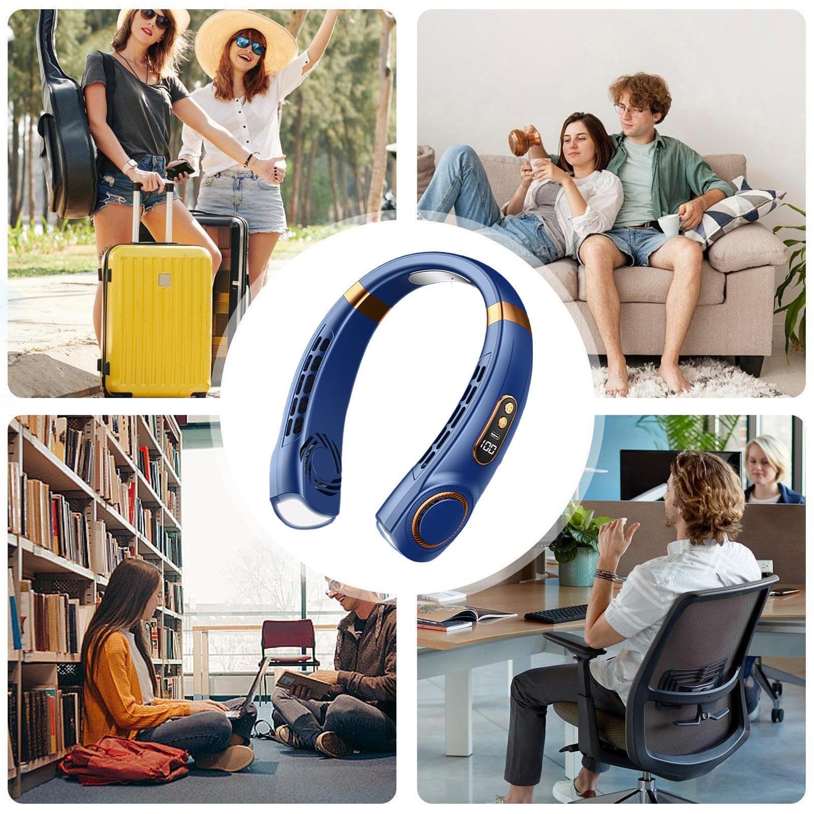 Halsventilator, leise, wiederaufladbar, 5 Geschwindigkeitsstufen, tragbar, um den Hals herum mit LED-Beleuchtung, 7 Farben und Display, für Sommer, Reisen, Fahren, Camping, , Schlafsaal
