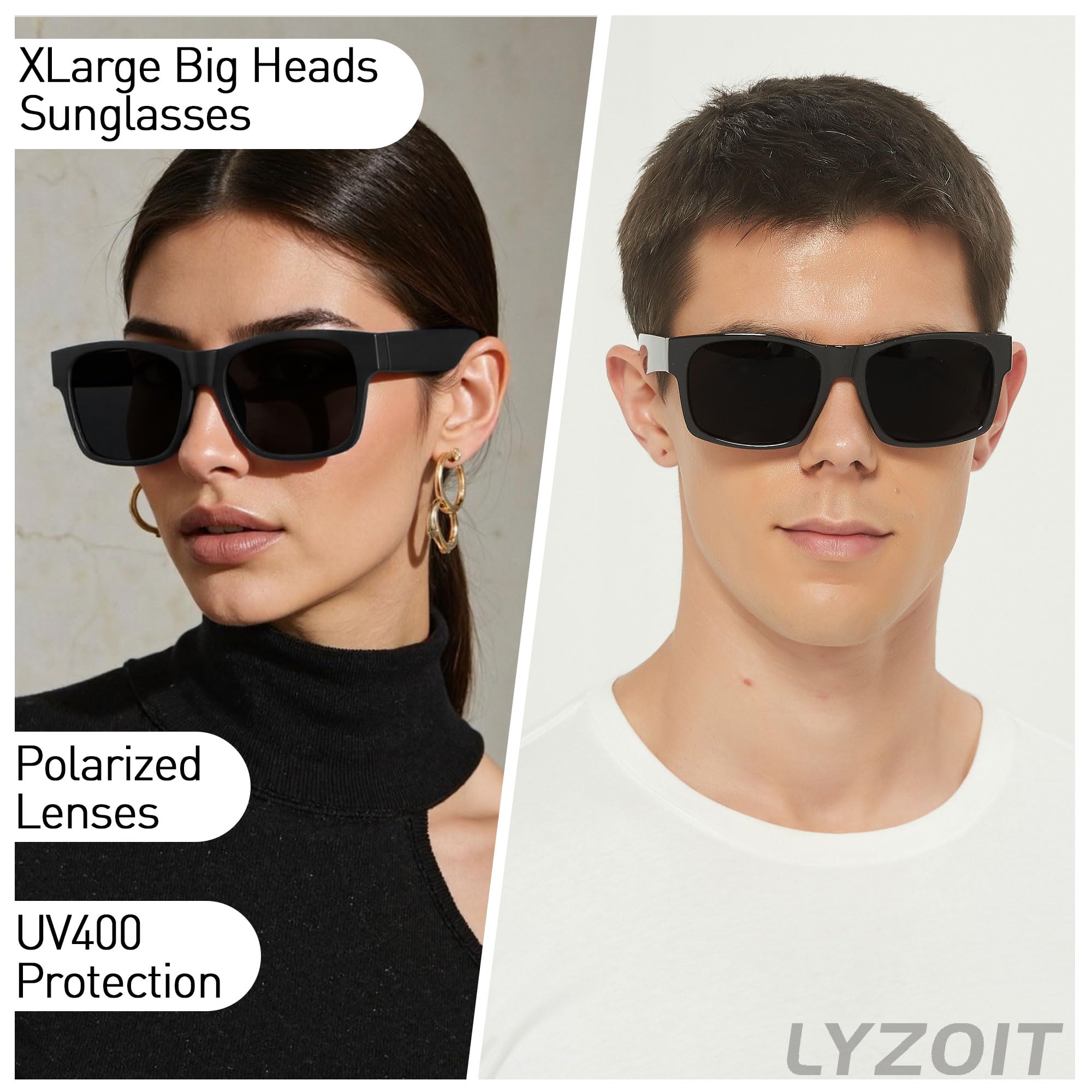 LYZOIT Occhiali da sole extra large per occhiali da sole quadrati XL Big Wide Head, polarizzati, XXL, oversize