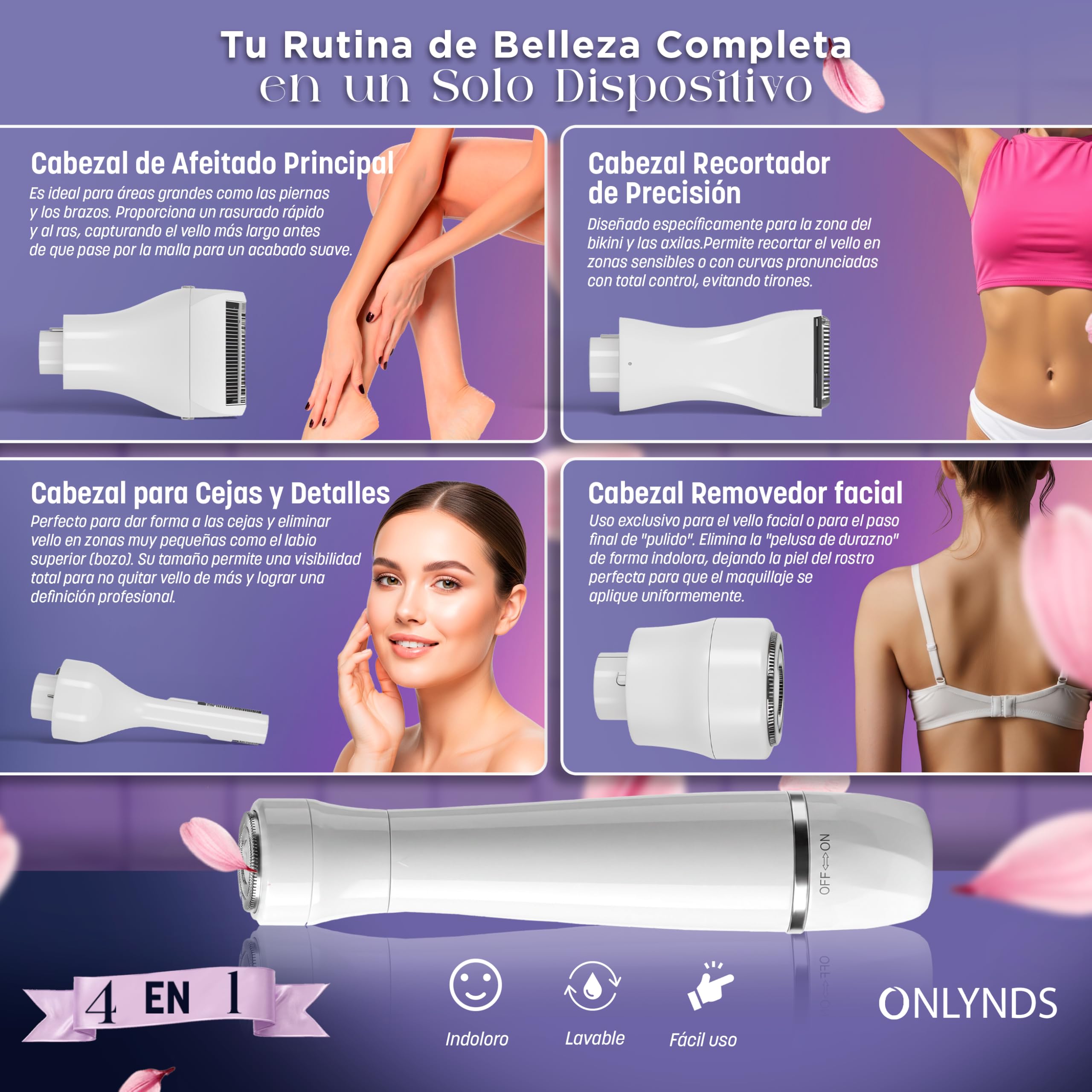 SUPER Afeitadora Eléctrica Mujer 4 en 1 Facial y Corporal | Depiladora Íntima Mujer IPX5 Uso Seco y Mojado | Rasuradora Mujer Zona Íntima BIKINI | 4 CABEZALES | Espejo y Bolsa Impermeable INCLUIDOS.