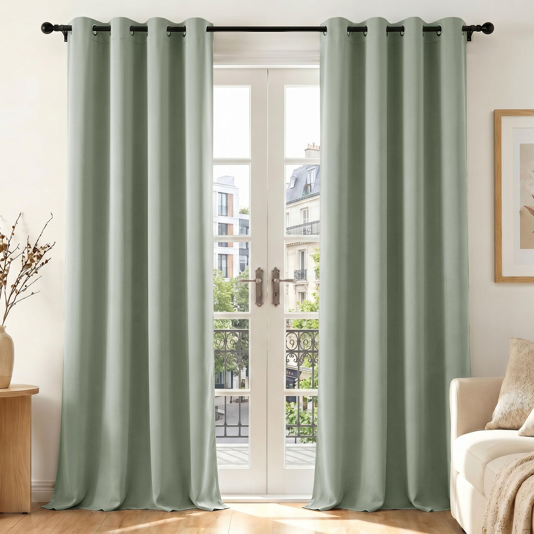 Deconovo Tende Oscuranti per Interni con Occhielli, 2 Pannelli 140x300 cm, Tende Termiche Isolanti per Camera da Letto e Soggiorno, Drappeggio Morbido ed Elegante, Verde Salvia