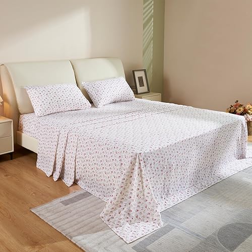 Juego de sábanas tamaño matrimonial de 4 piezas impresas con bonito patrón de sábanas rojas de microfibra cepillada refrescante con bolsillo