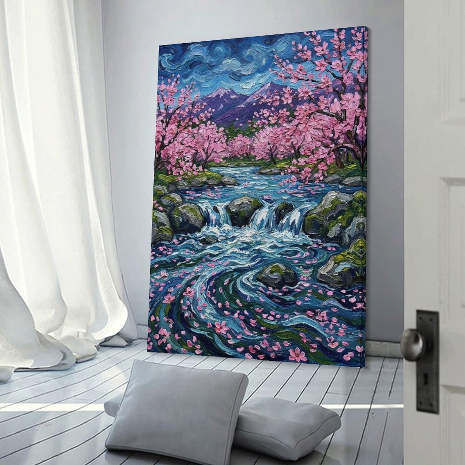 Junmoney Cherry Blossom River Landscape Painting Home Decor Wall Art, 24x36inch(60x90cm), for New Homes, Bedrooms Or Workspaces, Gift Idea for Housewarming And Birthdays