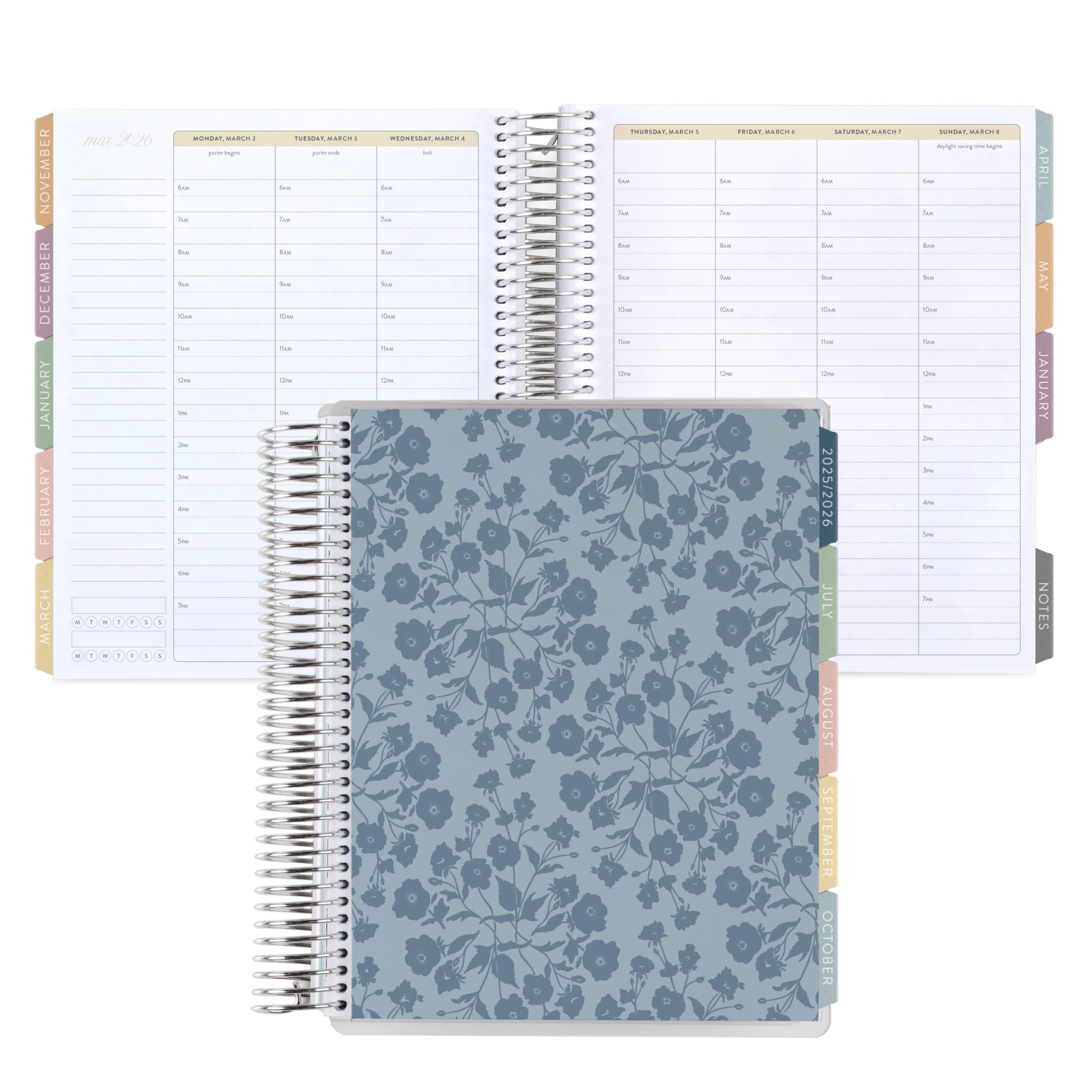 Agenda a spirale 7x9 (gennaio 2026 - dicembre 2026) - Carta da parati bouquet (blu) copertina classica, layout orario, tema bouquet, bobina di platino