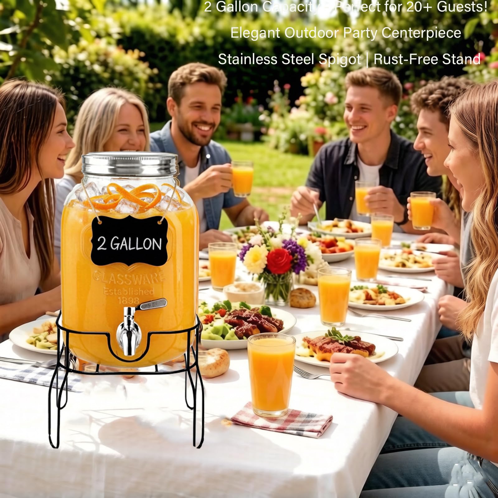 Getränkespender aus Glas mit Ständer, Deckel und Eiskern, auslaufsicherer Zapfhahn aus 18/8 Edelstahl, Einmachglas-Stil für Party, Eistee, Outdoor und Zuhause