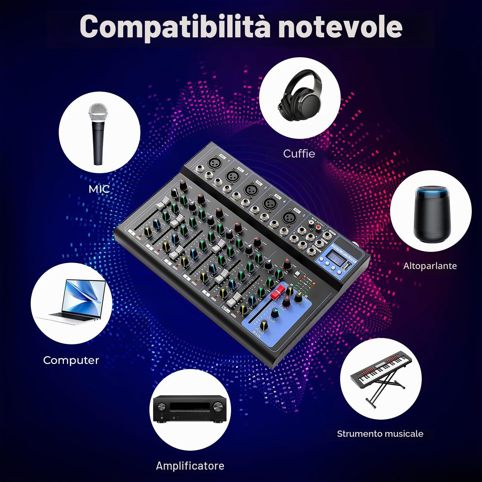 Mixer, mixer audio a 7 canali, mixer audio DJ professionale a 7 canali, telaio in metallo, 6 equalizzatori di stili musicali, alimentazione phantom da 48 V, karaoke/registrazione/live, compatto 33 cm