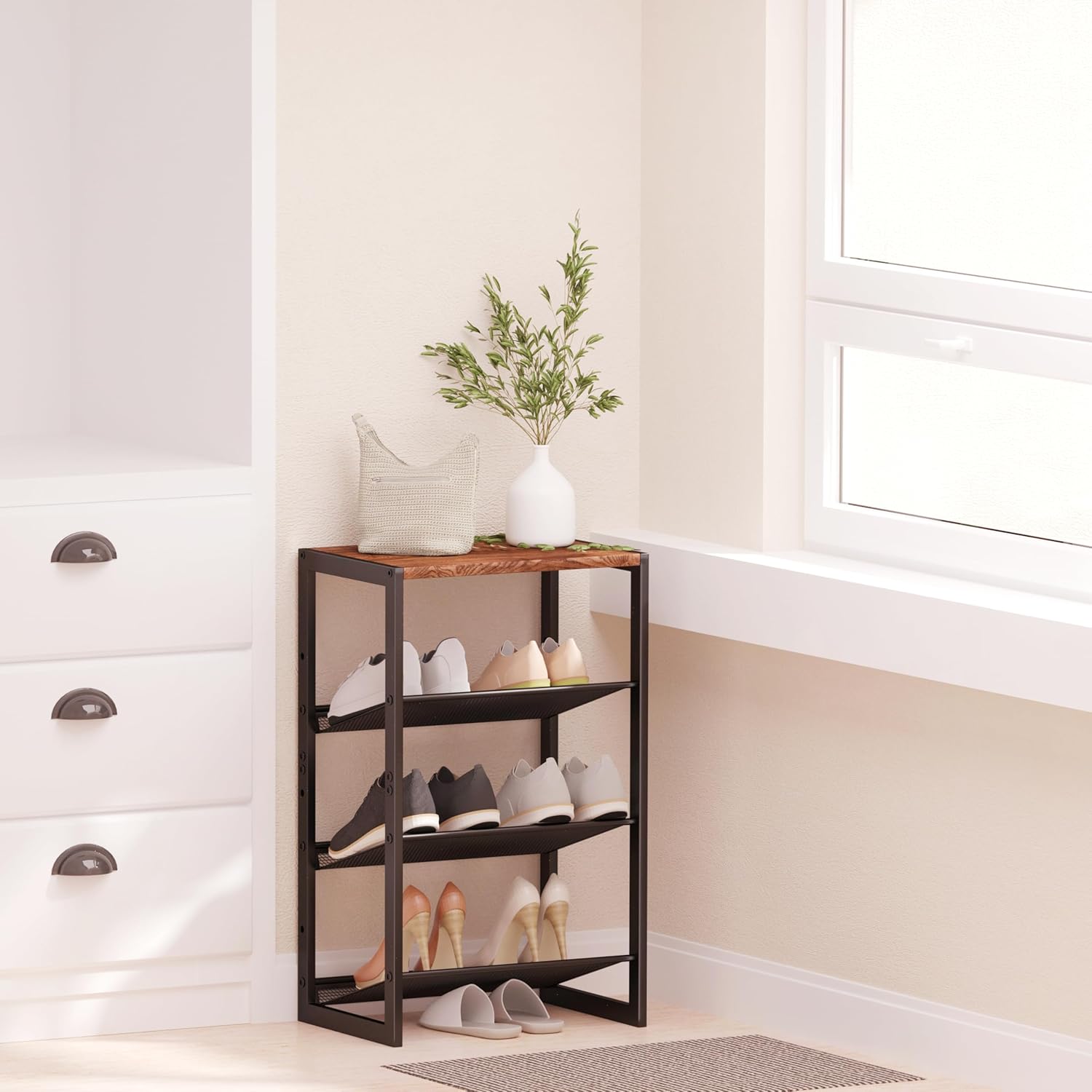 Narrow 4-Tier Shoe Rack, Slim Space-Saving Shelf with Decorative Wood Top & Steel Mesh, Entryway/Closet/Dorm Organizer, 16.5x11.8x27.9 Inches