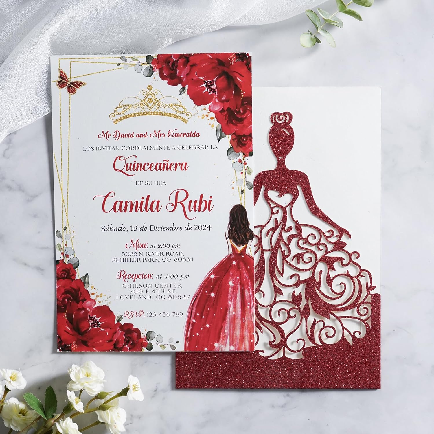 ponatia 25 PCS XV ANOS Personalized Invitation Cards, Quinceanera Invitations, Customized Invitation Cards, Personalized Printed Order, Picture Card-Red Glitter