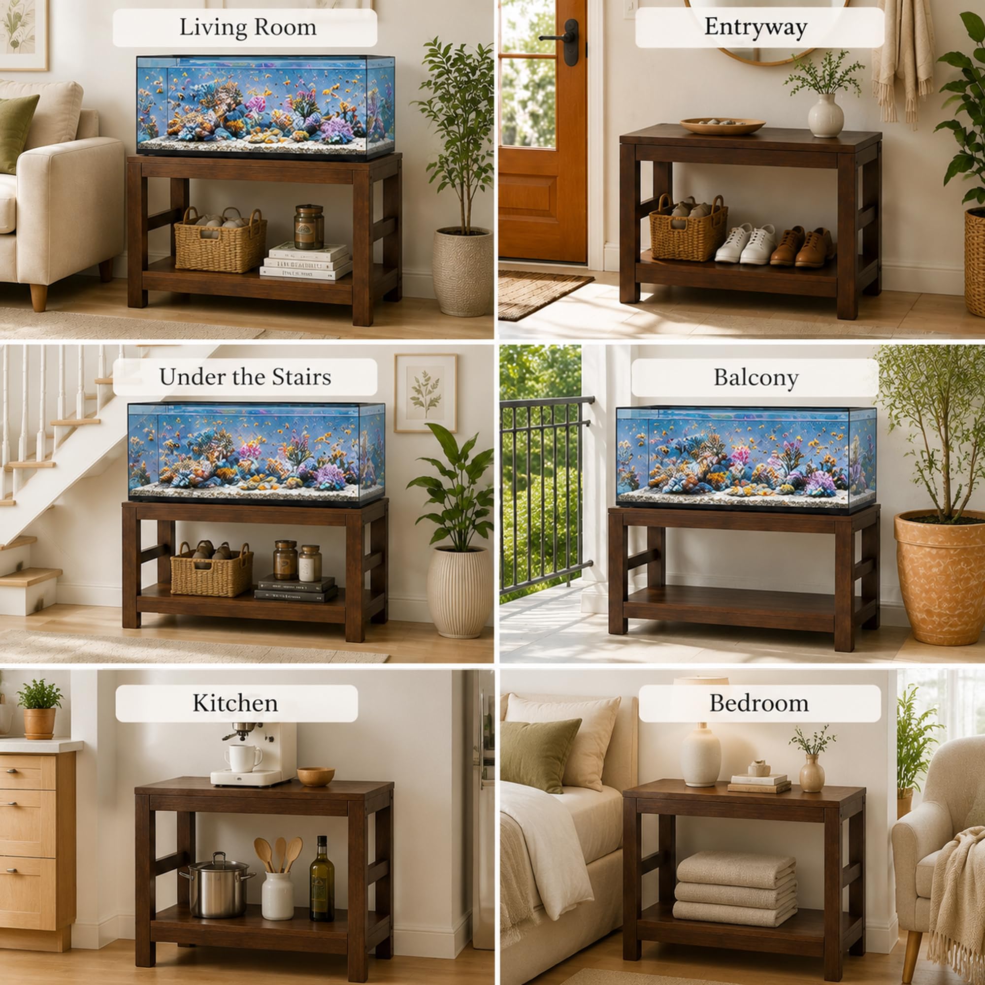 Mobile Acquario 45–80 Galloni con Ripiano, Supporto in Legno 600 kg | Telaio in Pino e Piano Composito per Acquari, Terrari, Rettili e Spazio Portaoggetti(Walnut color,70×45cm / 27.6×17.7in)