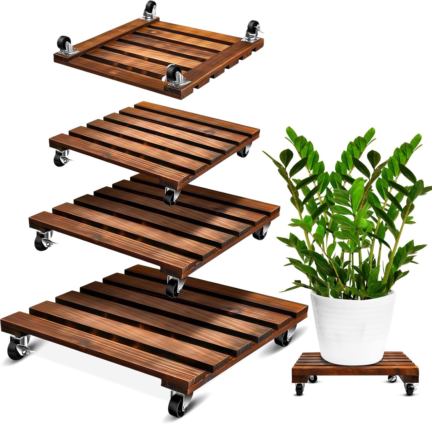Taiyin 3 Pack Wooden Plant Stand with Lockable Wheels 220