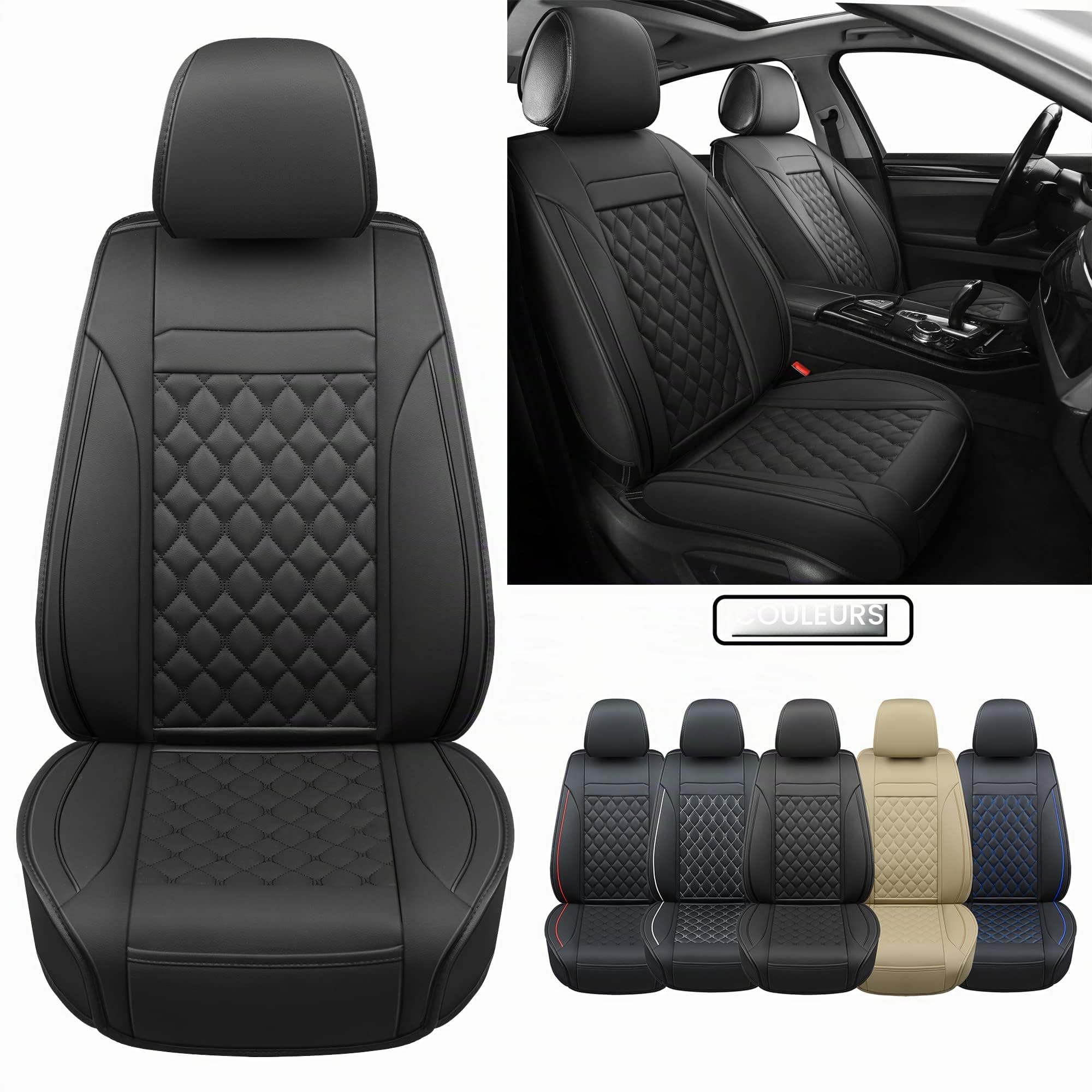 Lot de 2 housses pour sièges avant de voiture, en cuir synthétique, modèle universel adapté pour la plupart des voitures, SUV, berlines, pick-ups et camionnettes - Noir