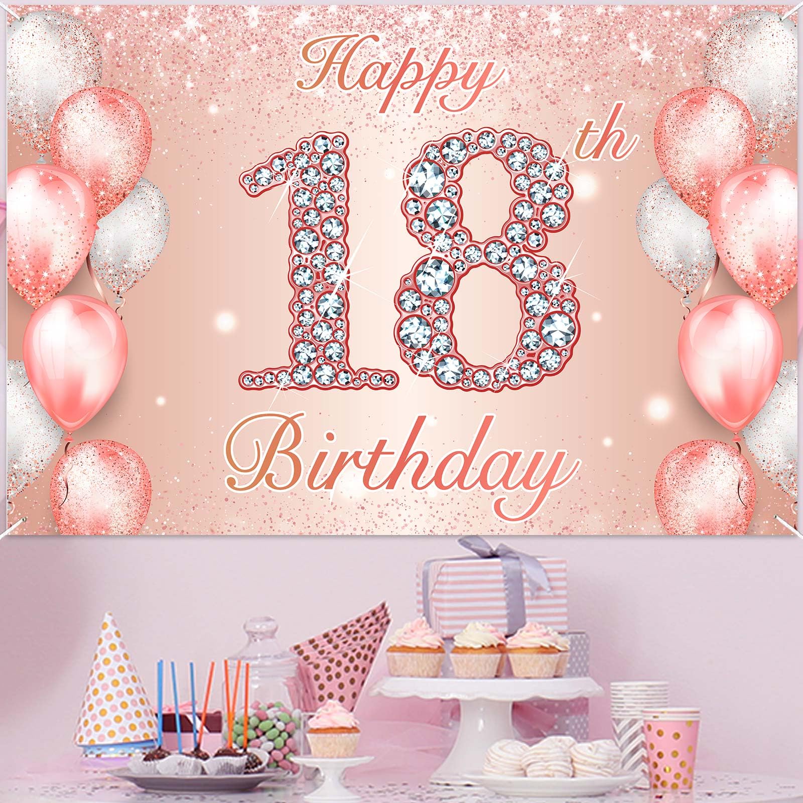 PinkBlume Rose Gold 18th Birthday Decorations Number 18 Circle Dot Twinkle Star Garland Kit Metallic Hanging Streamer Bunting Banner Backd - View #4